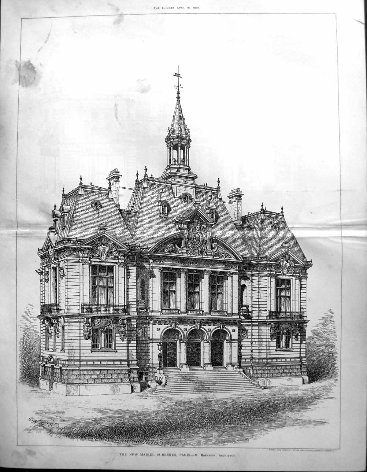 Antique Old Print Builder 1891 Architecture Mairie Suresnes Paris Breasson