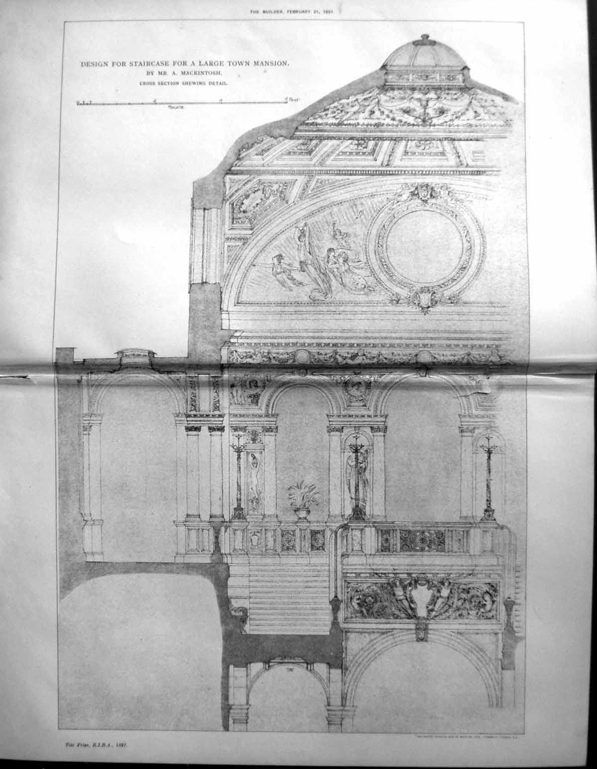 Old Design Staircase Large Town Mansion Mackintosh Builder 1891 Archi 19th