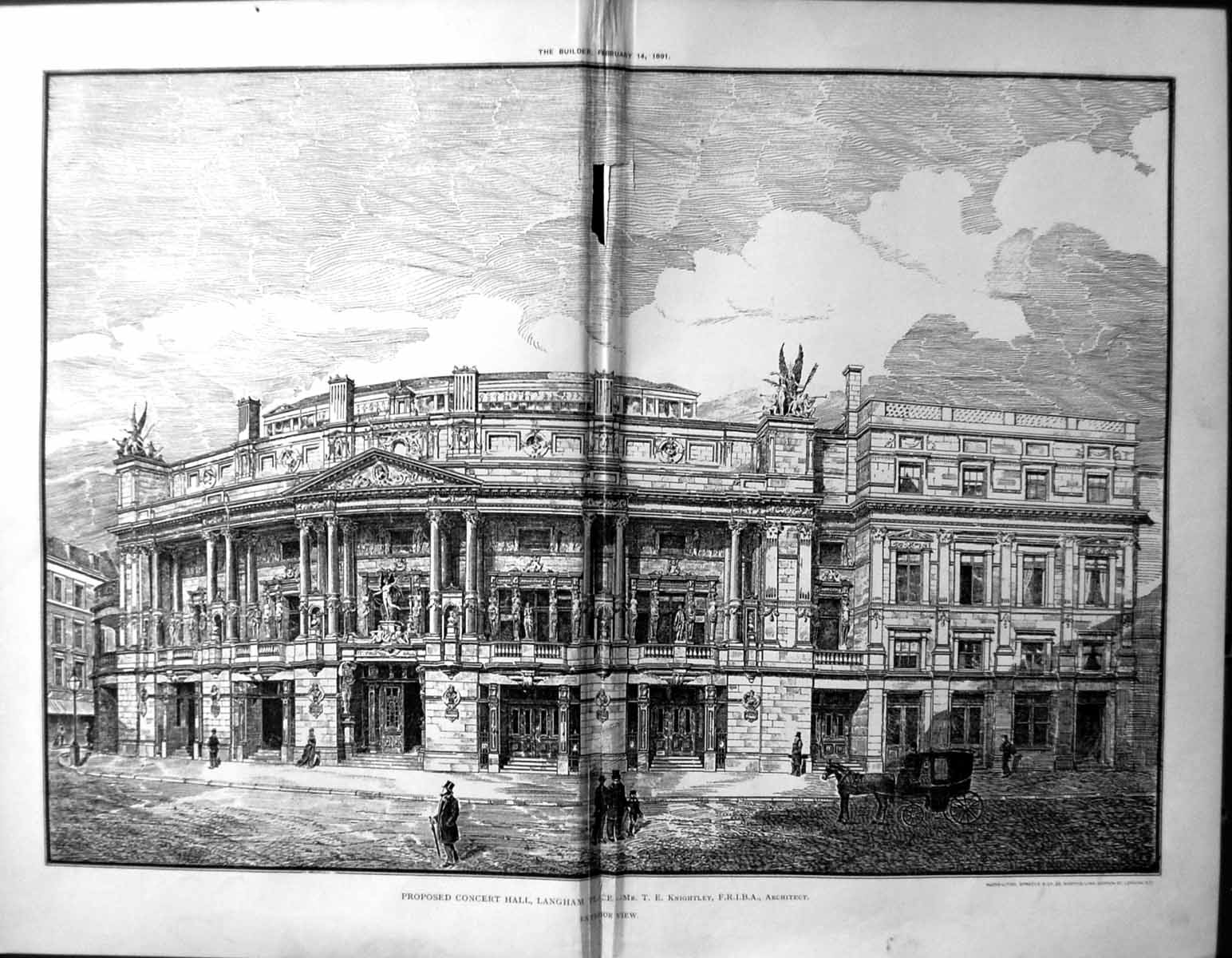 Antique Old Print Builder 1891 Architecture Concert Hall Langham Knightley