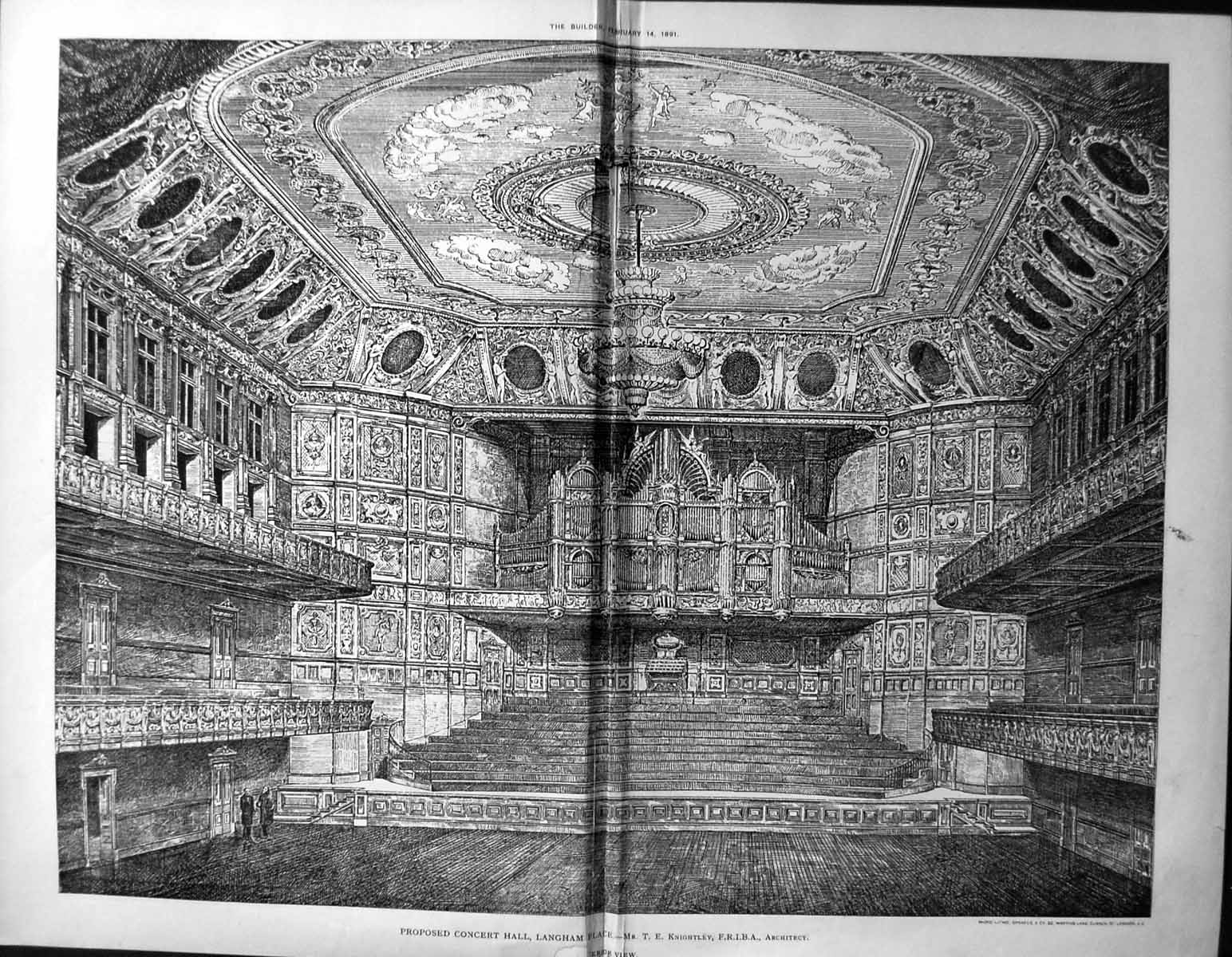 Old Proposed Concert Hall Langham Knightley Builder 1891 Architecture 19th