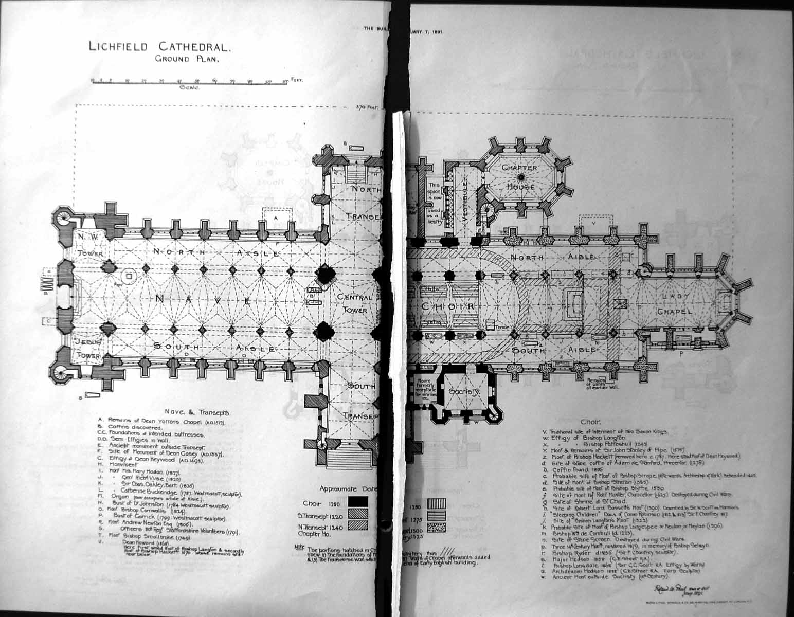Old Damaged Builder 1891 Architecture Ground Plan Lichfield Cathedral 19th