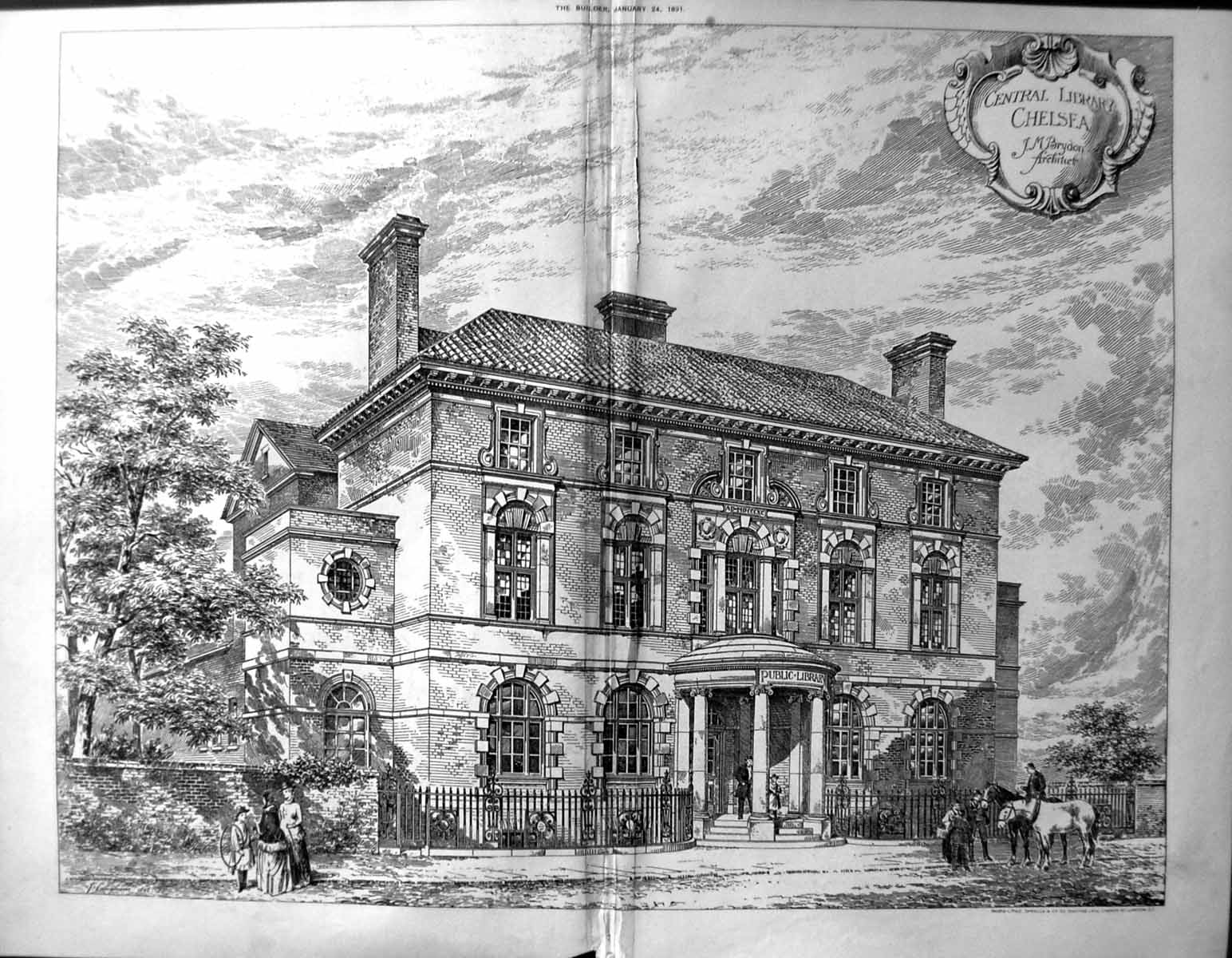 Antique Old Print Central Library Chelsea Brydon Builder 1891 Architecture