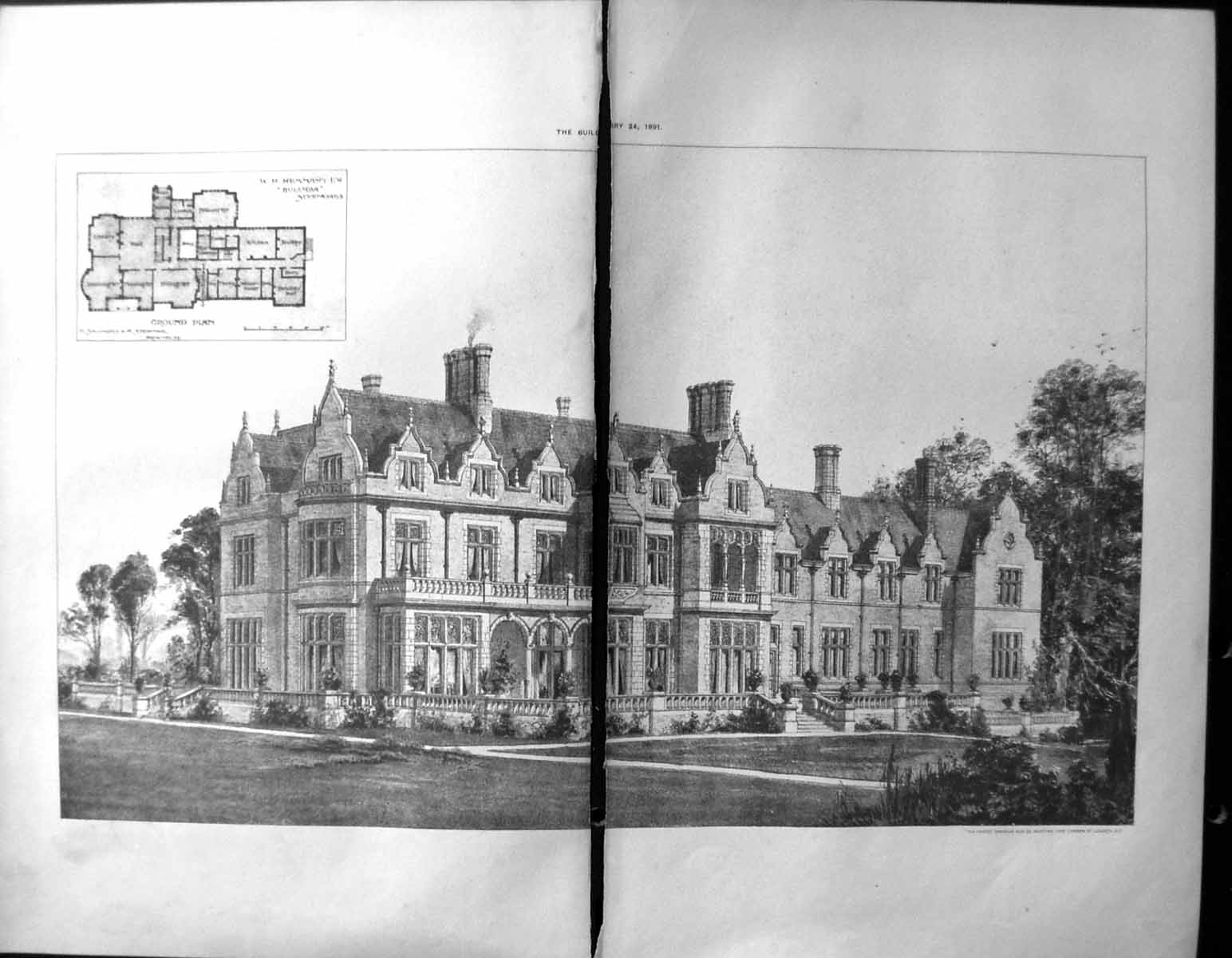 Antique Old Print Damaged Builder 1891 Architecture Plan Hemmand Sevenoaks