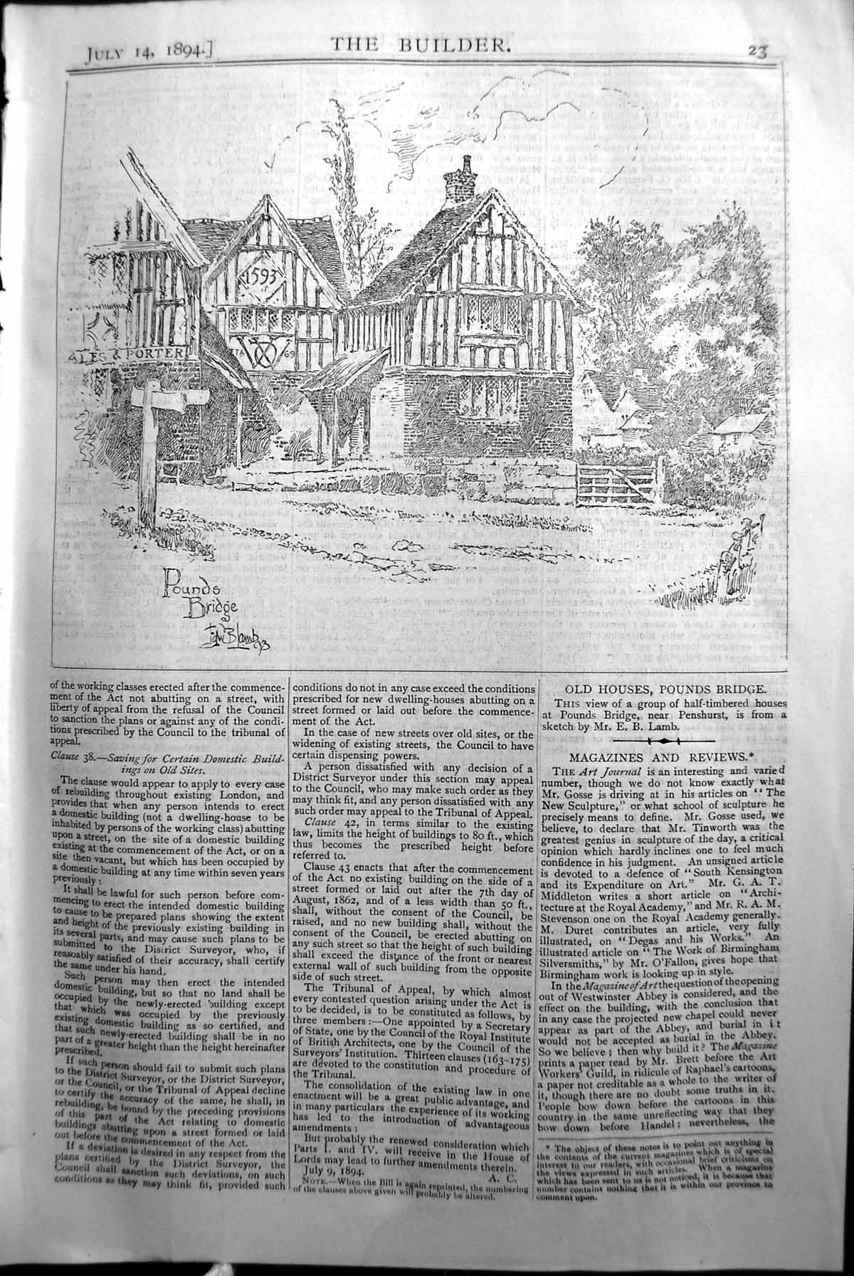 Original Old Antique Print Pounds Bridge Houses Builder 1894 Architecture 19th