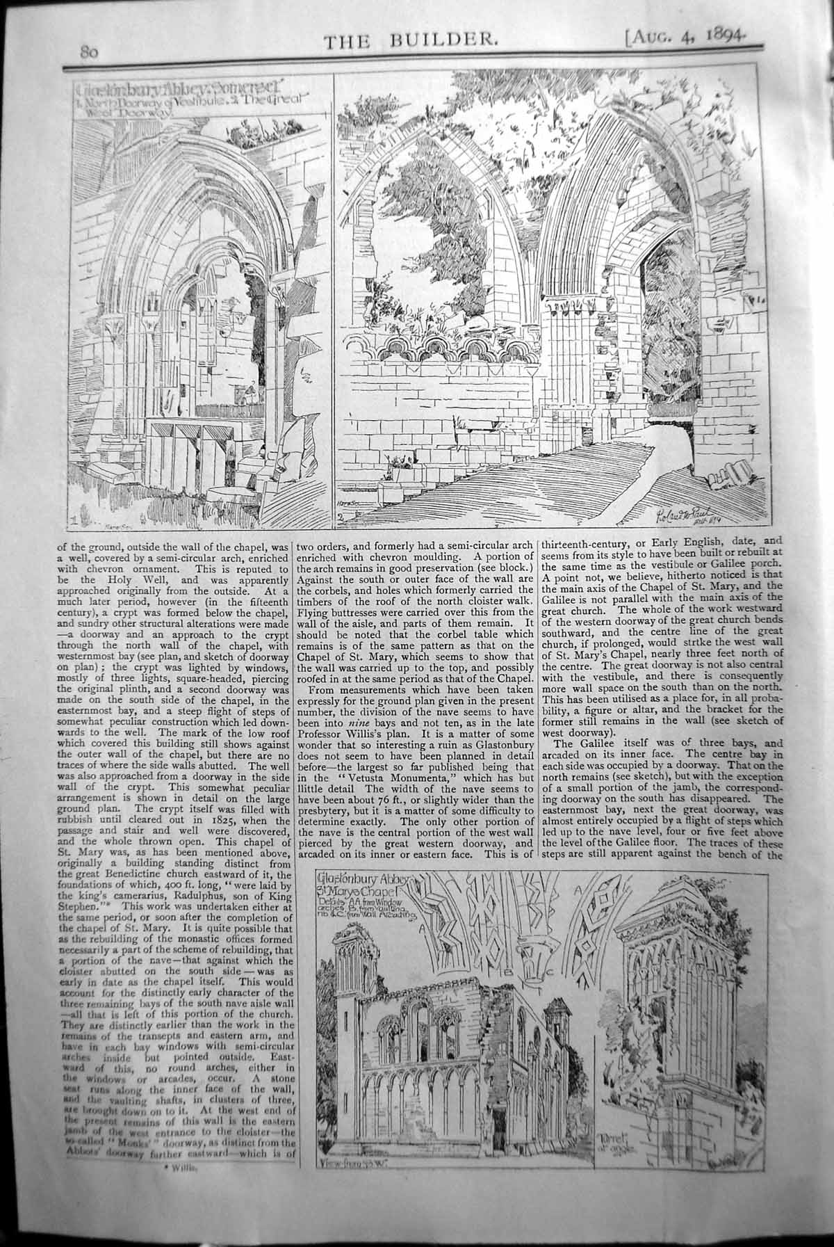 Old Glastonbury Abbey Somerset St. Mary'S Chapel Builder 1894 Archite Victorian