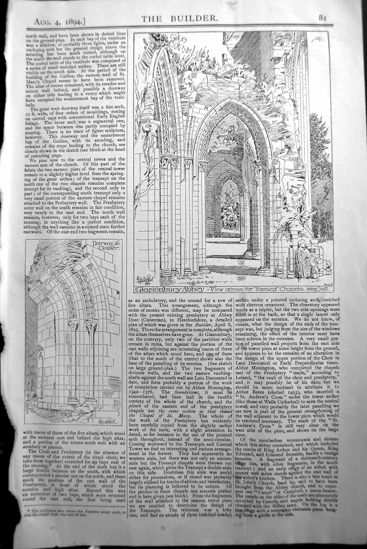 Old Glastonbury Abbey Transept Chapels Cloister Builder 1894 Architec Victorian