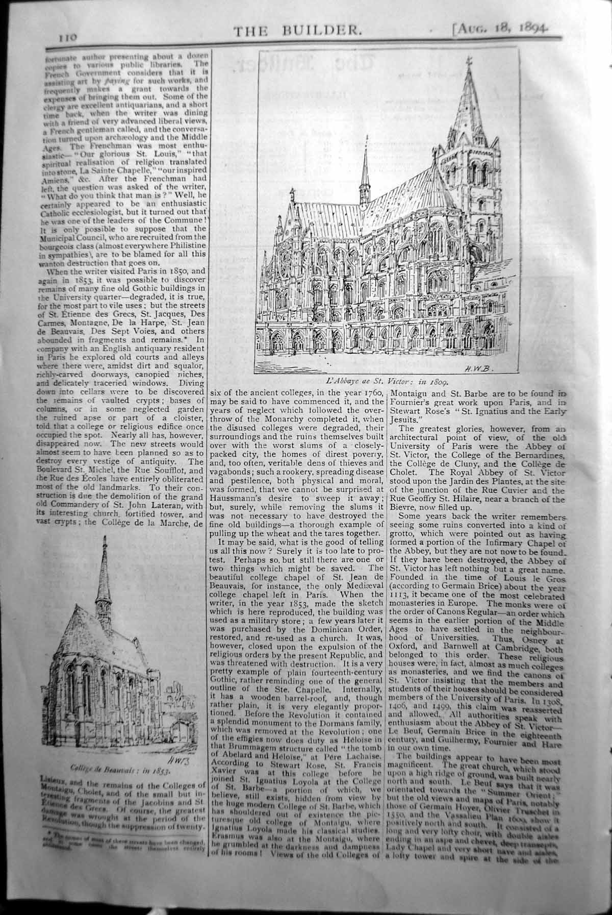 Old Print L'Abbaye St. Victor College Beauvais Builder 1894 Architecture 19th