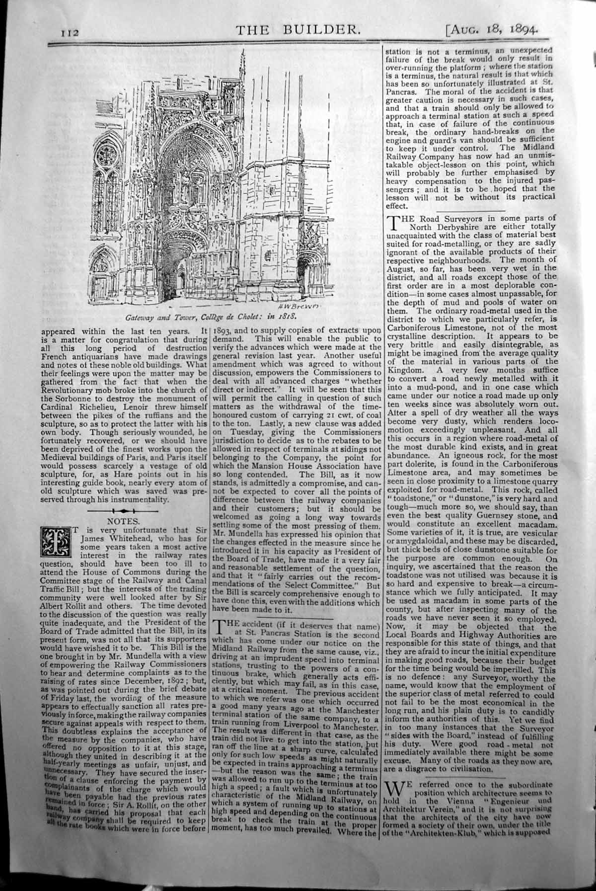 Old Antique Print Gateway Tower College Cholet Builder 1894 Architecture 19th