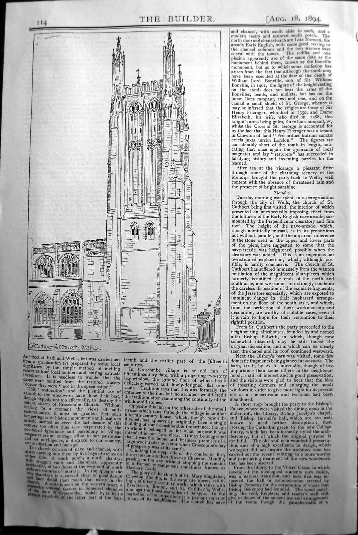 Old Antique Print St. Cuthbert'S Church Wells Builder 1894 Architecture 19th