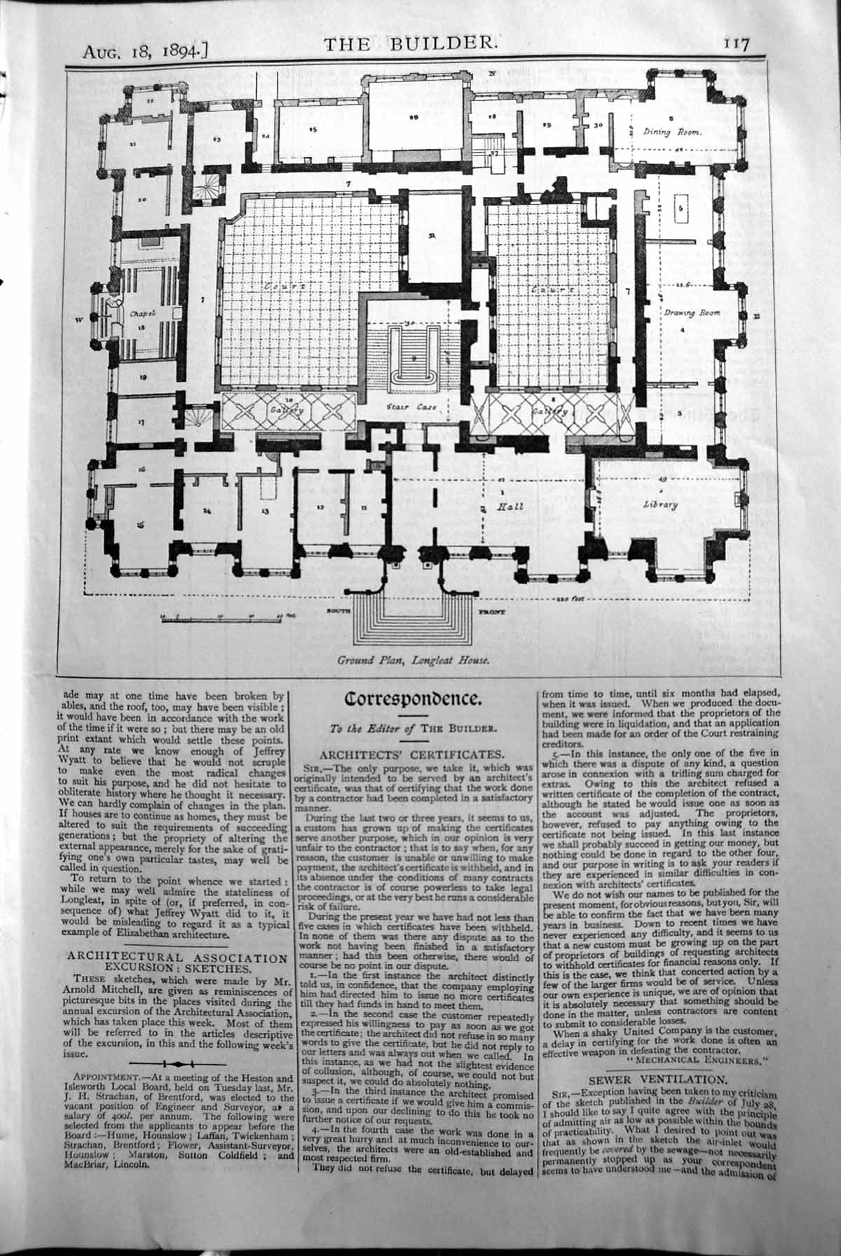 Original Old Antique Print Builder 1894 Architecture Ground Plan Longleat House