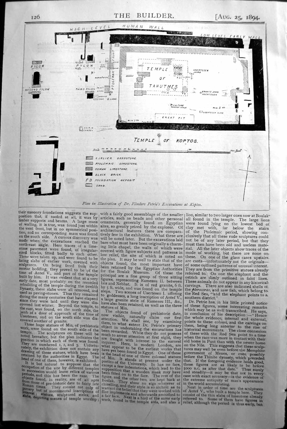 Antique Old Print Plan Temple Koptos Flinders Petrie Excavations Builder 1894