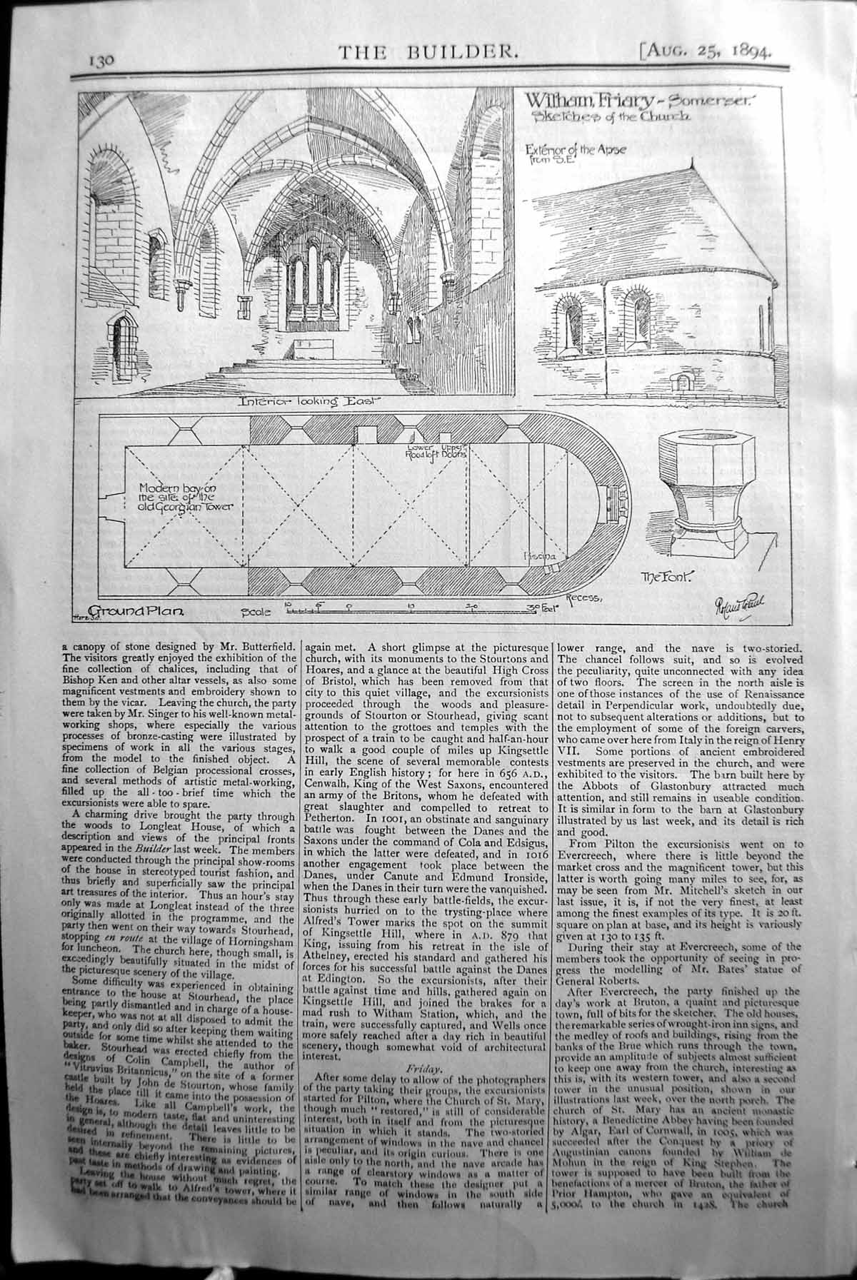 Antique Old Print Wiltham Friary Church Somerset Builder 1894 Architecture 19th