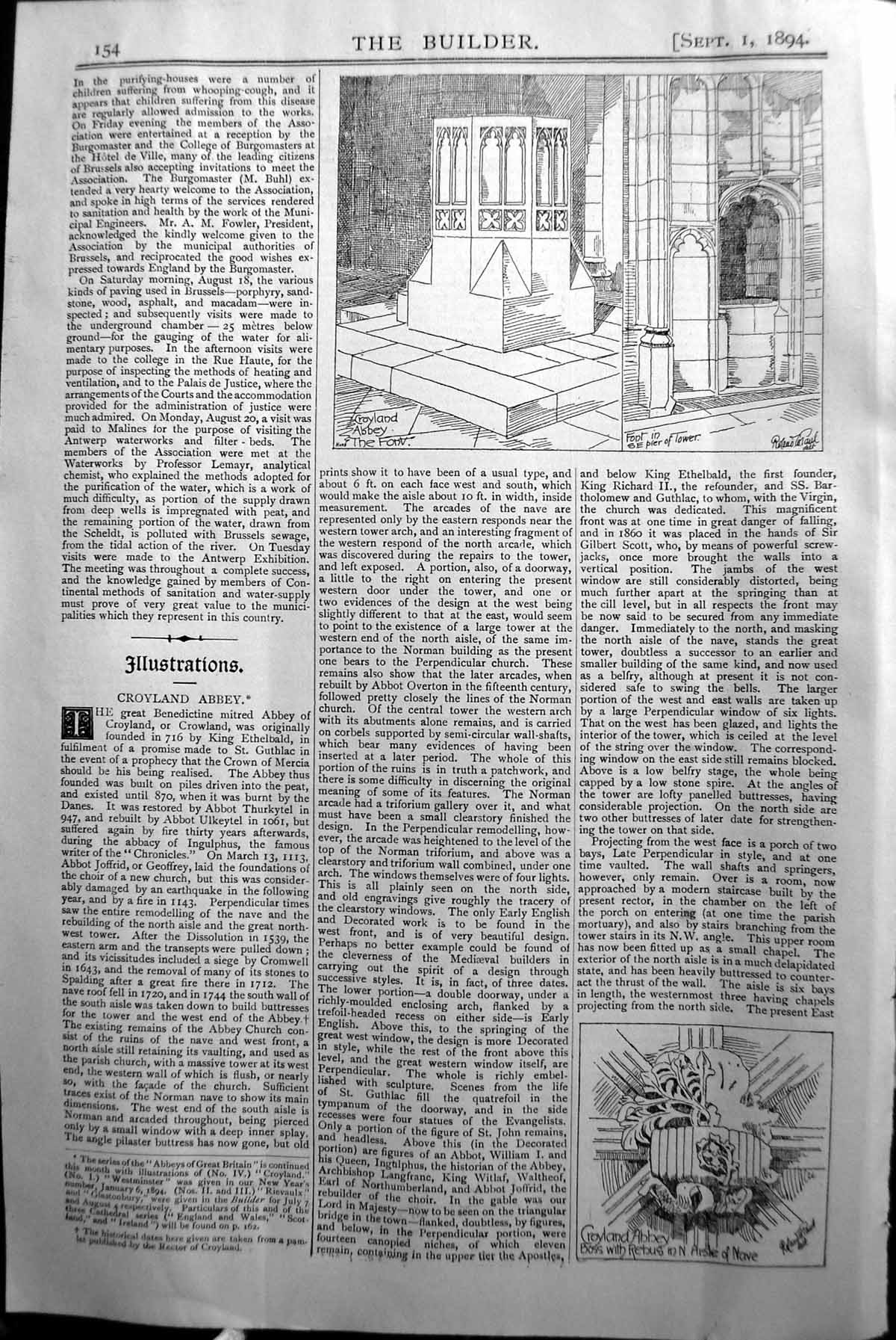 Old Print Builder 1894 Architecture Croyland Abbey Boss Rebus Aisle Nave 19th