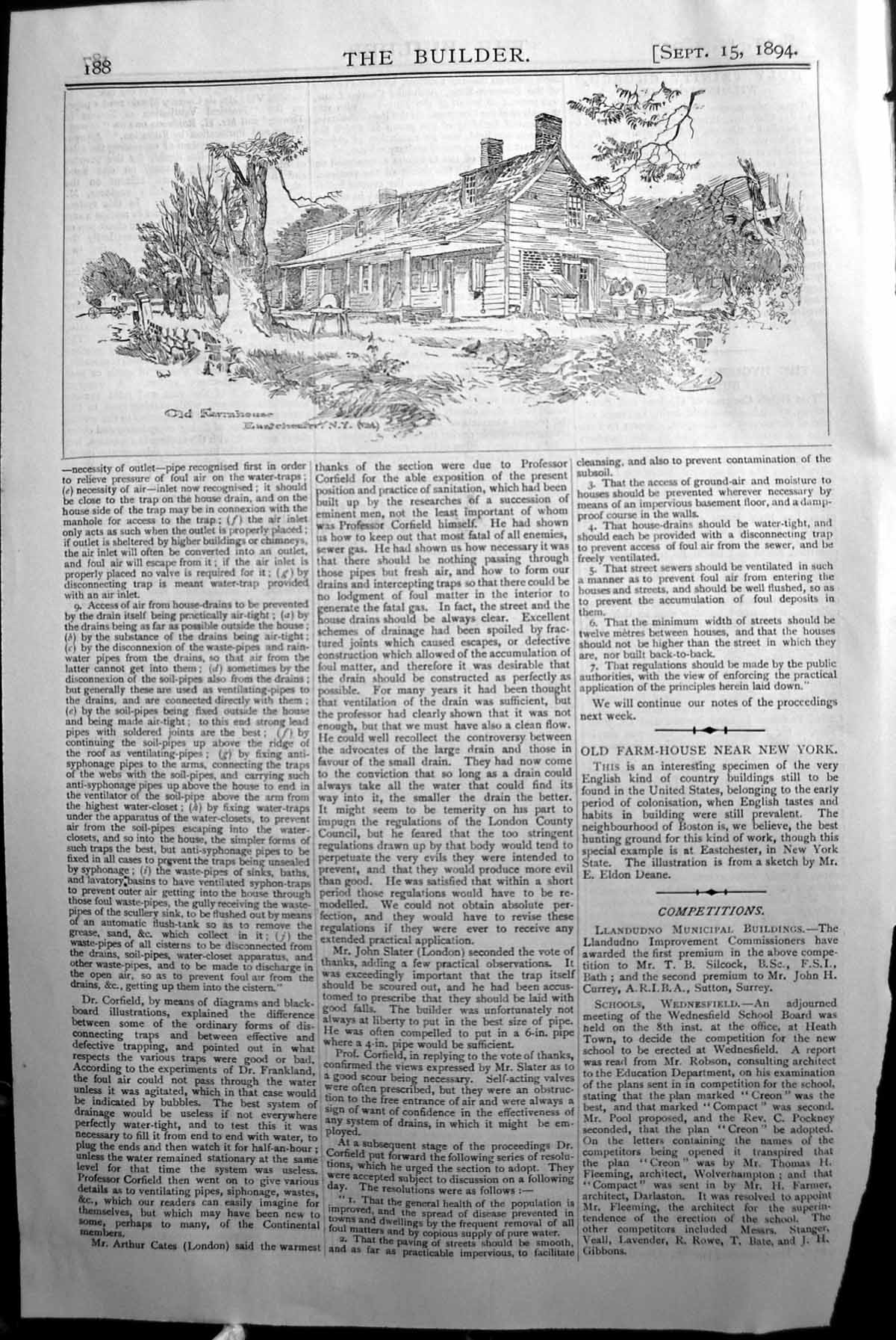 Original Old Antique Print Builder 1894 Architecture Farm Houses Eastchester