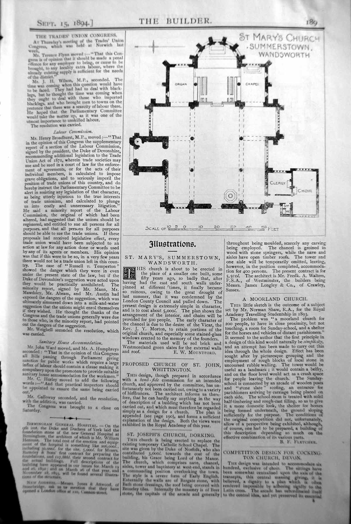 Old Plan St. Mary'S Church Summerstown Wandsworth Builder 1894 Archit Victorian