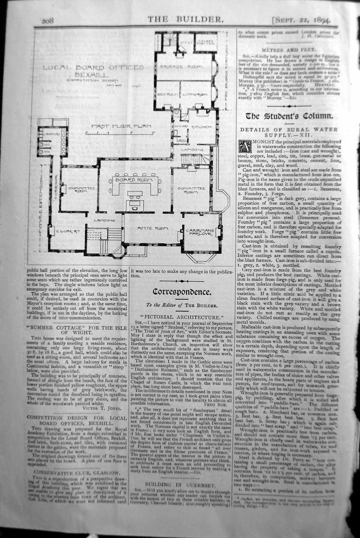 Antique Old Print Plan Local Board Offices Bexhill Builder 1894 Architecture