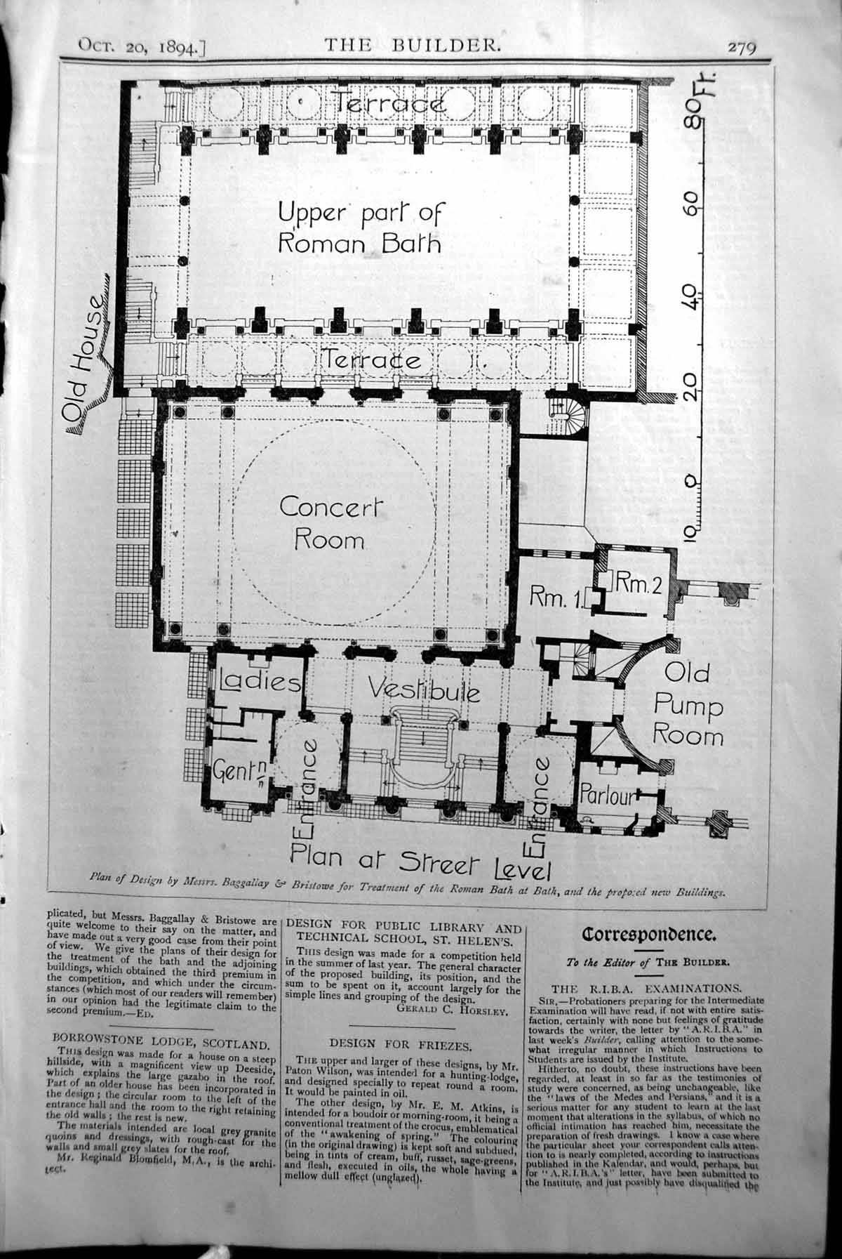 Antique Print Plan Baggallay Roman Bath Bristowe Builder 1894 Architecture 19th