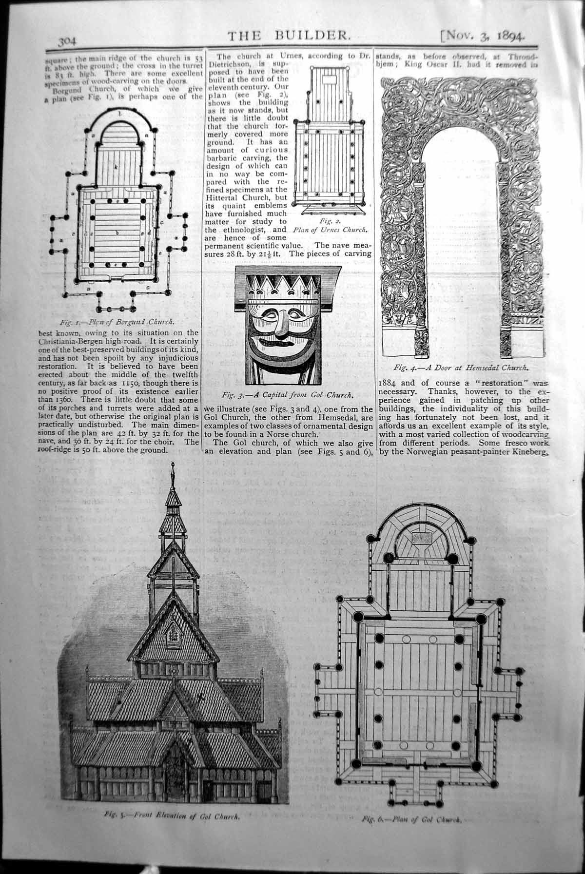Old Front Elevation Gol Church Plan Capital Borgund Builder 1894 Arch Victorian