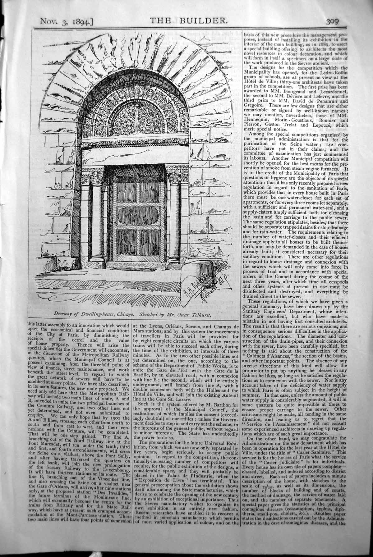 Old Doorway Dwelling House Chicago Oscar Tolhurst Builder 1894 Archit Victorian