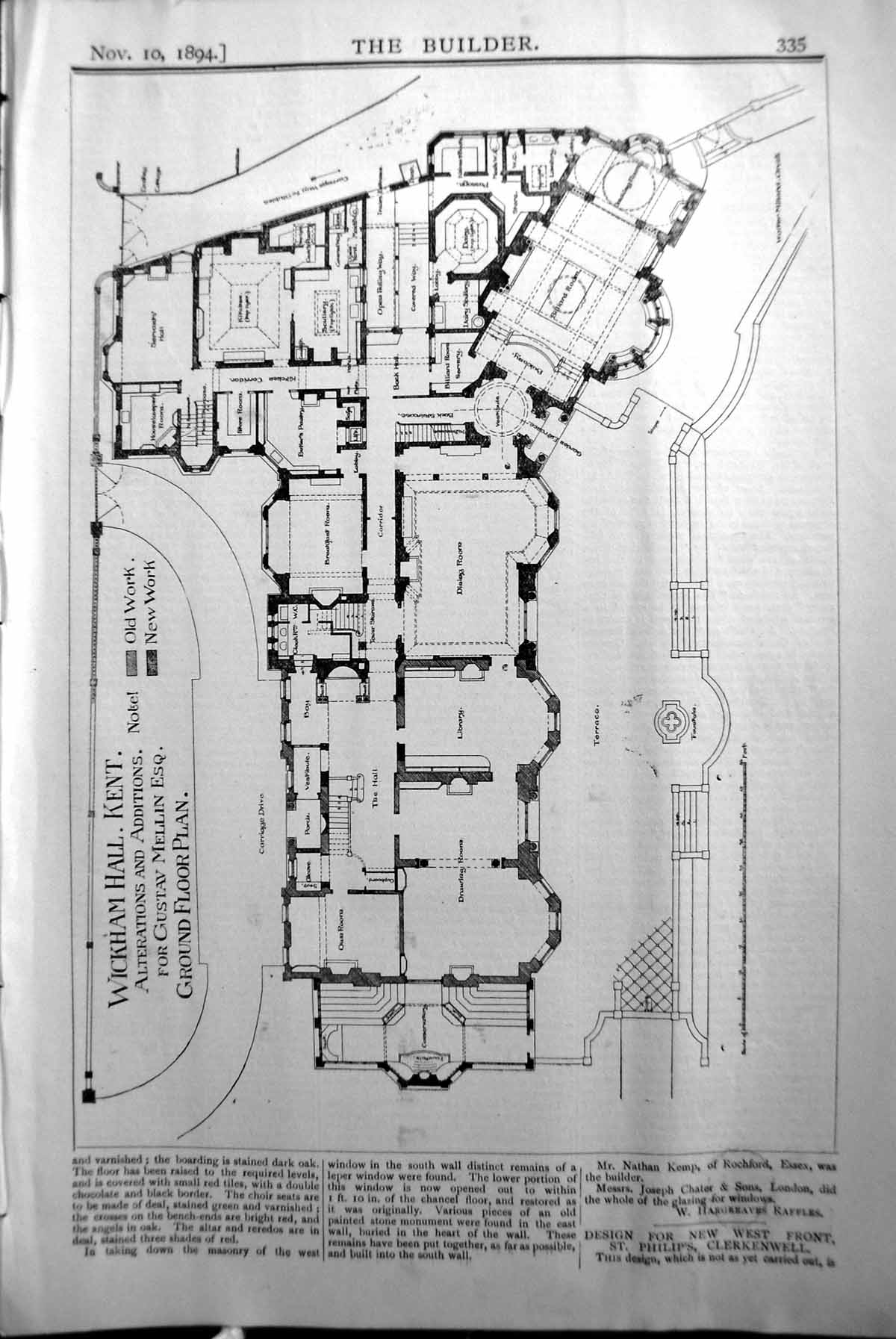 Old Print Plan Wickham Hall Kent Gustav Mellin Builder 1894 Architecture 19th