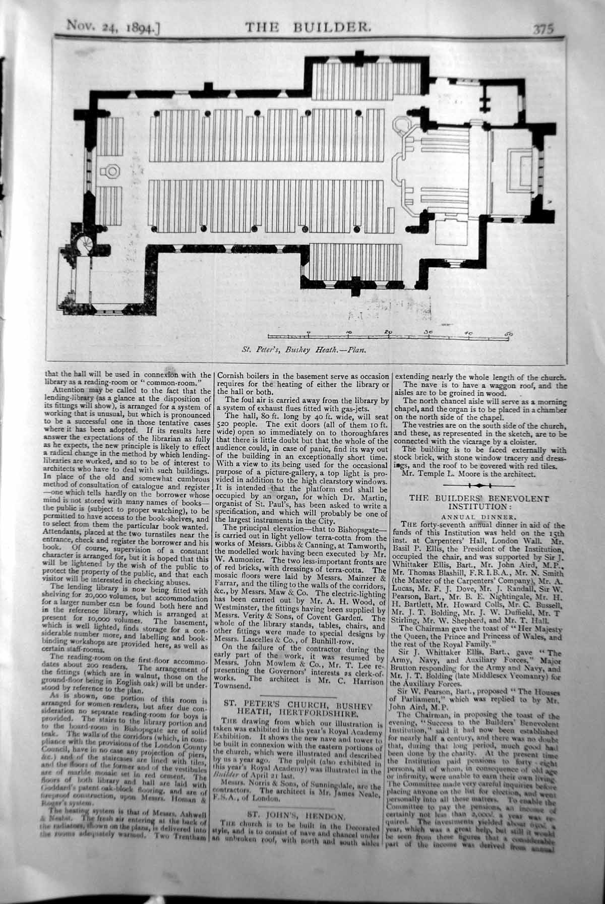 Old Antique Print Plan St. Peter'S Bushey Heath Builder 1894 Architecture 19th