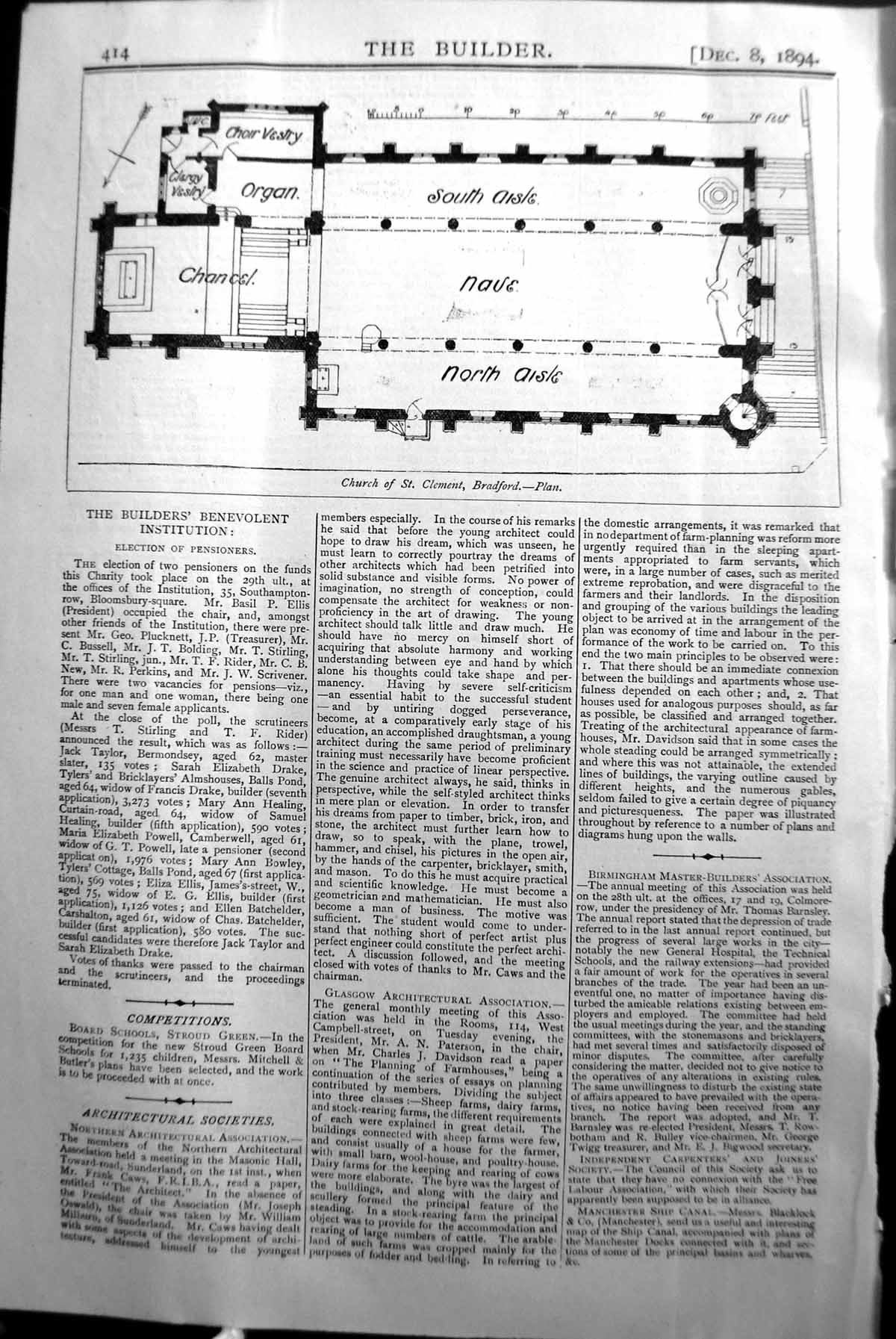 Antique Old Print Plan Church St. Clement Bradford Builder 1894 Architecture