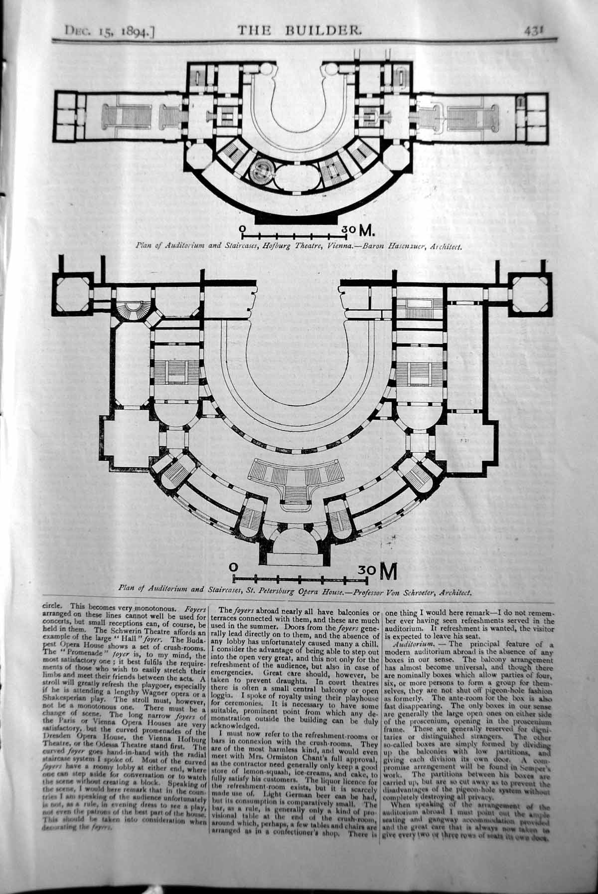 Old Plan Auditorium Hofburg Theatre Vienna Schroeter Builder 1894 Arc Victorian