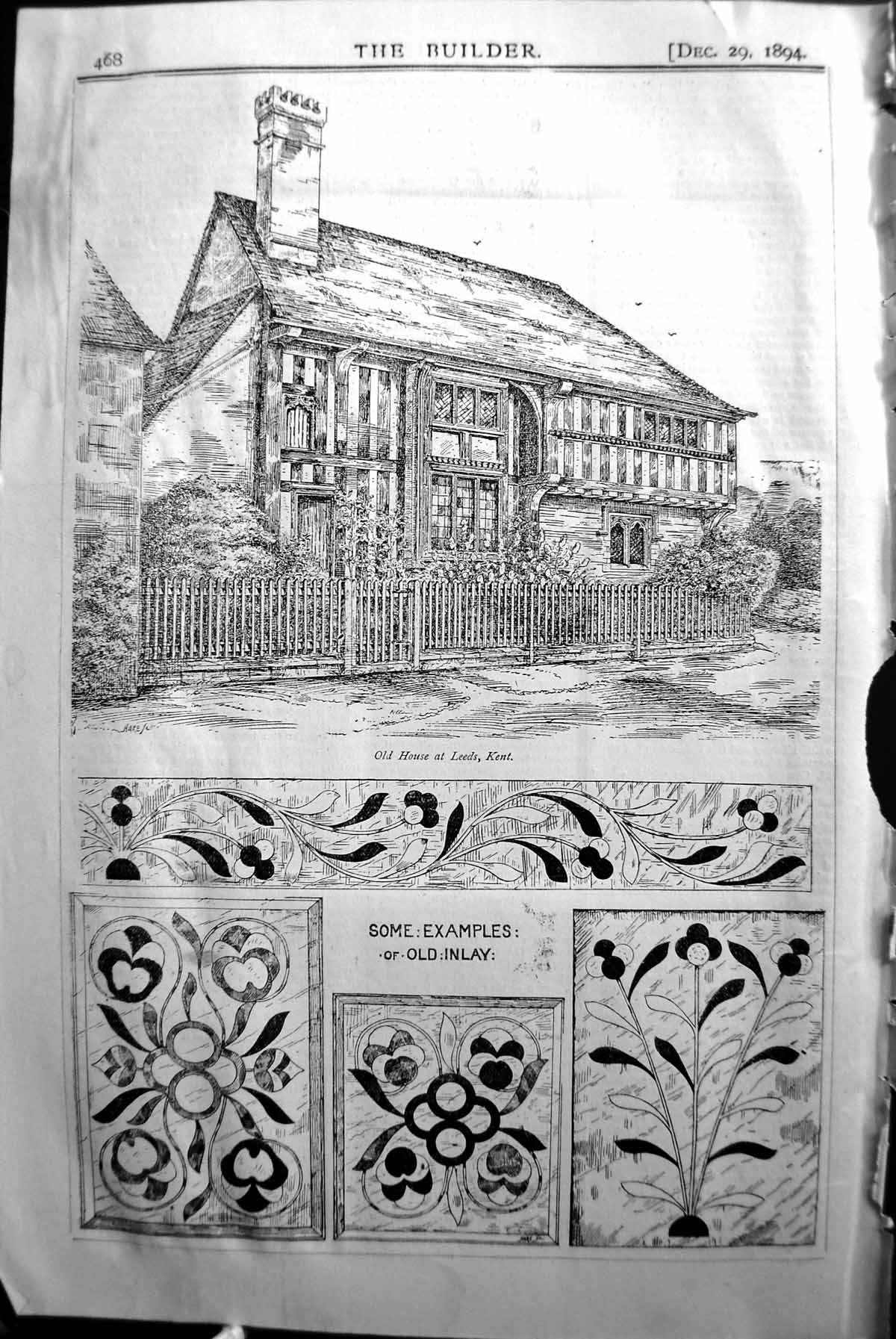 Antique Print Builder 1894 Architecture House Leeds Kent Patterns Decoratio