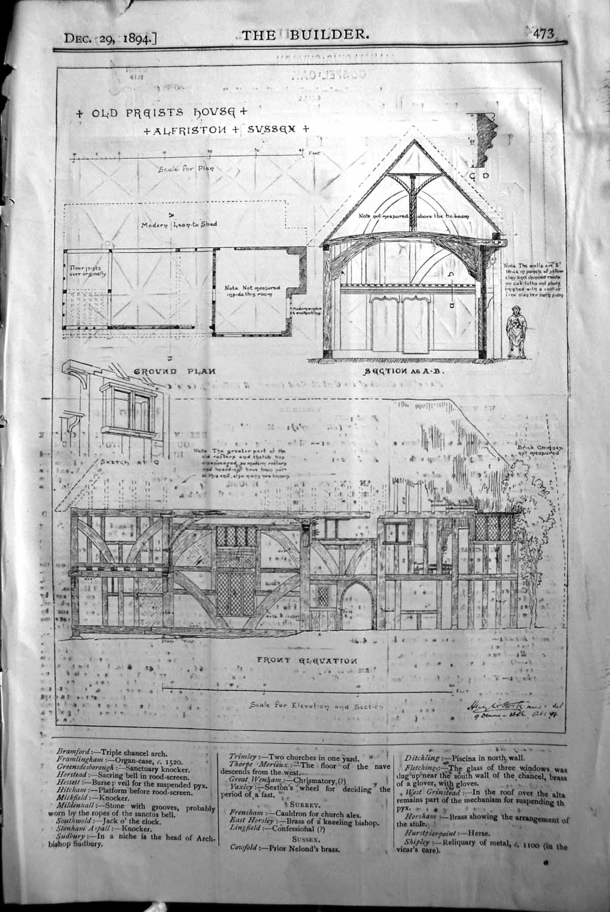 Antique Old Print Plan Priests House Sussex England Builder 1894 Architecture