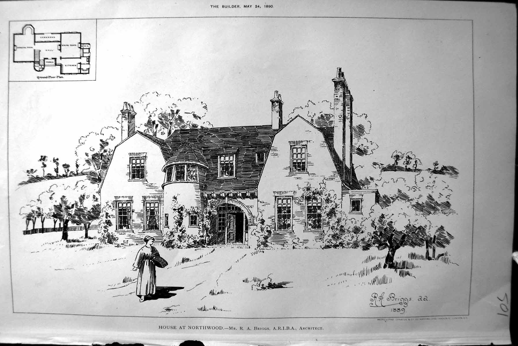 Original Old Antique Print Builder 1894 Architecture House Northwood Briggs