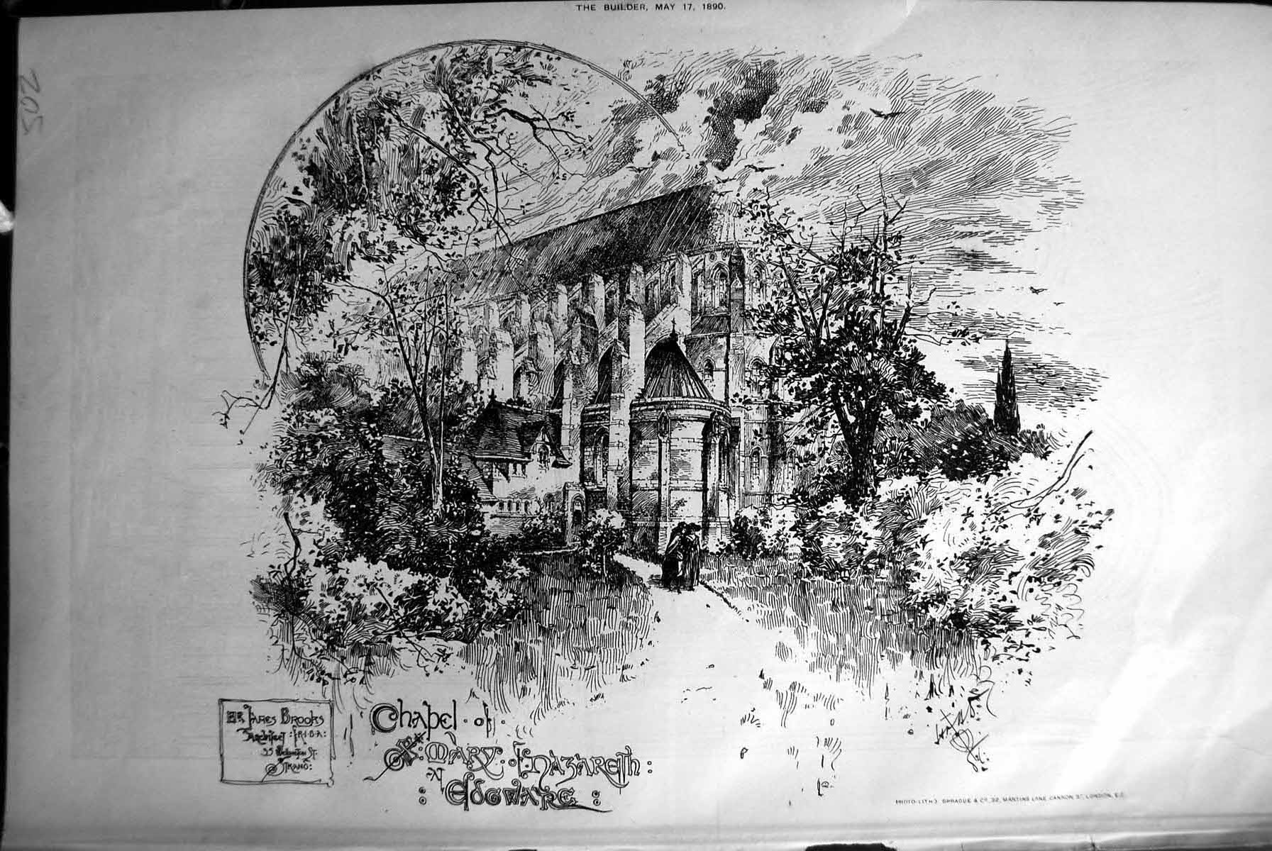 Antique Old Print Chapel St. Mary Nazareth Edgware Builder 1894 Architecture