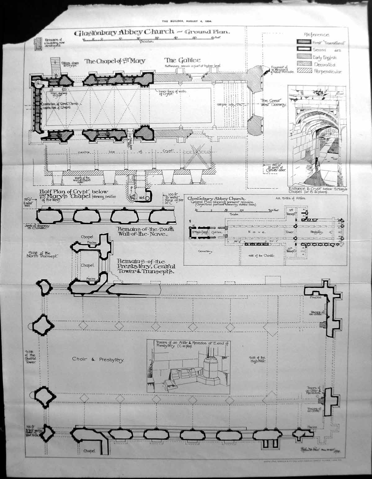 Old Ground Plan Glastonbury Abbey Church St. Mary Builder 1894 Archit 19th
