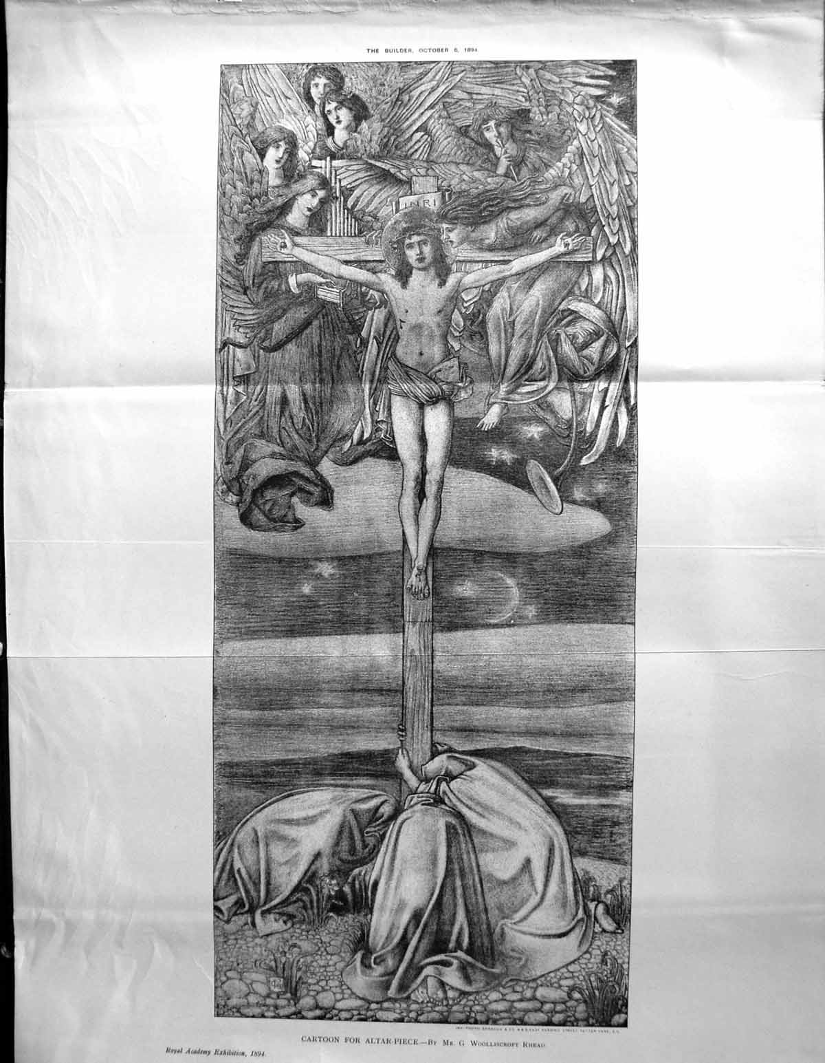Antique Old Print Builder 1894 Cartoon Altar-Piece Jesus Cross Wooliscroft
