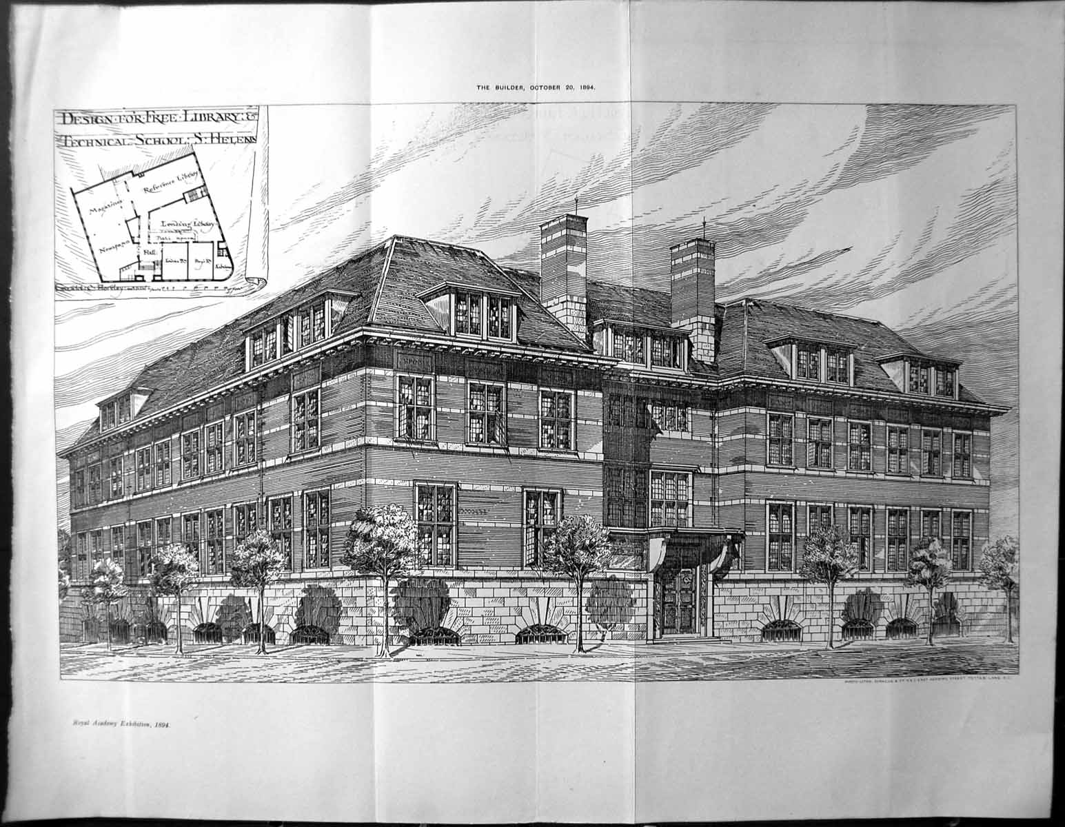 Old Builder 1894 Architecture Design Free Library Technical School St 19th