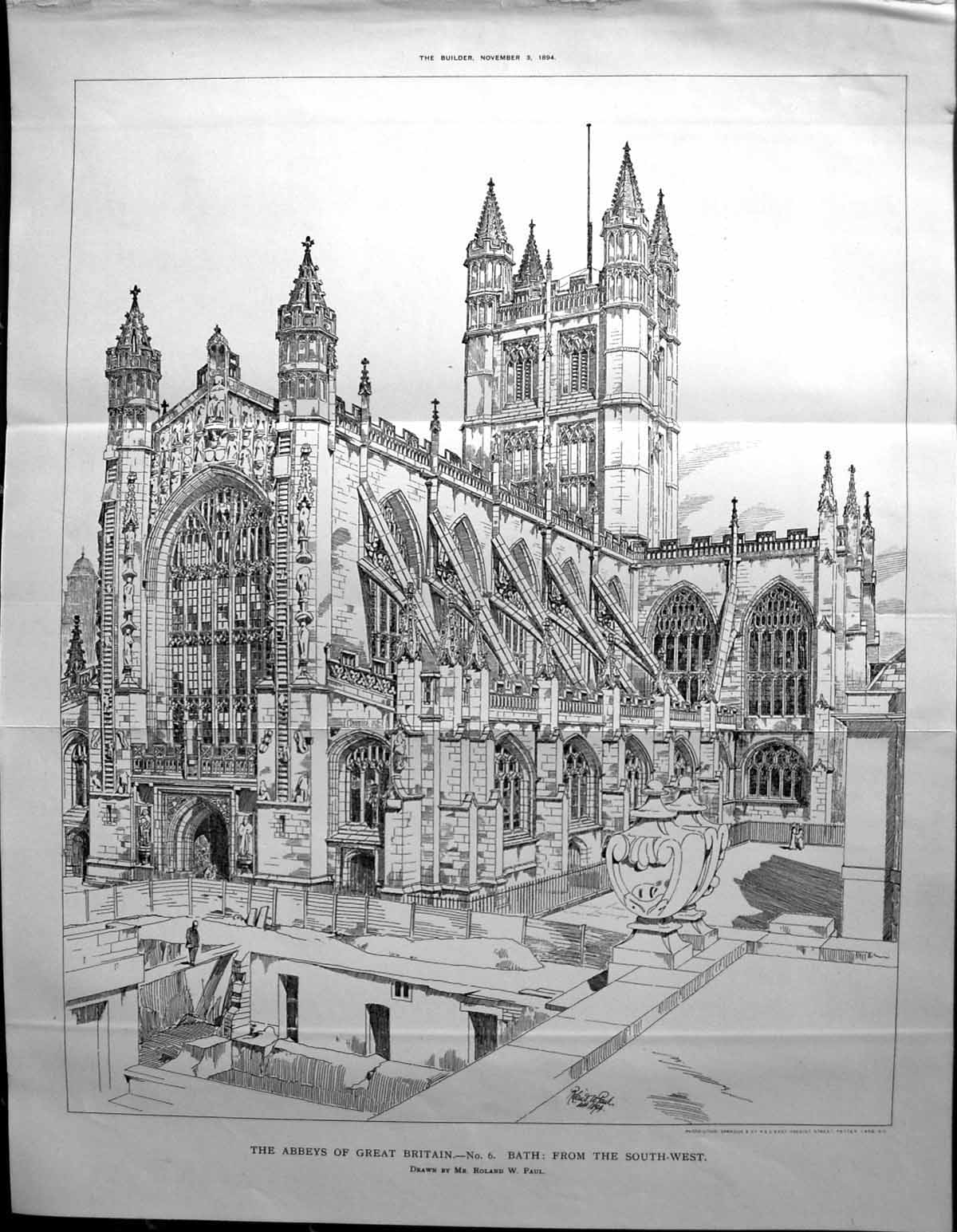 Old Print Bath Abbey Great Britain Roland Paul Builder 1894 Architecture 19th