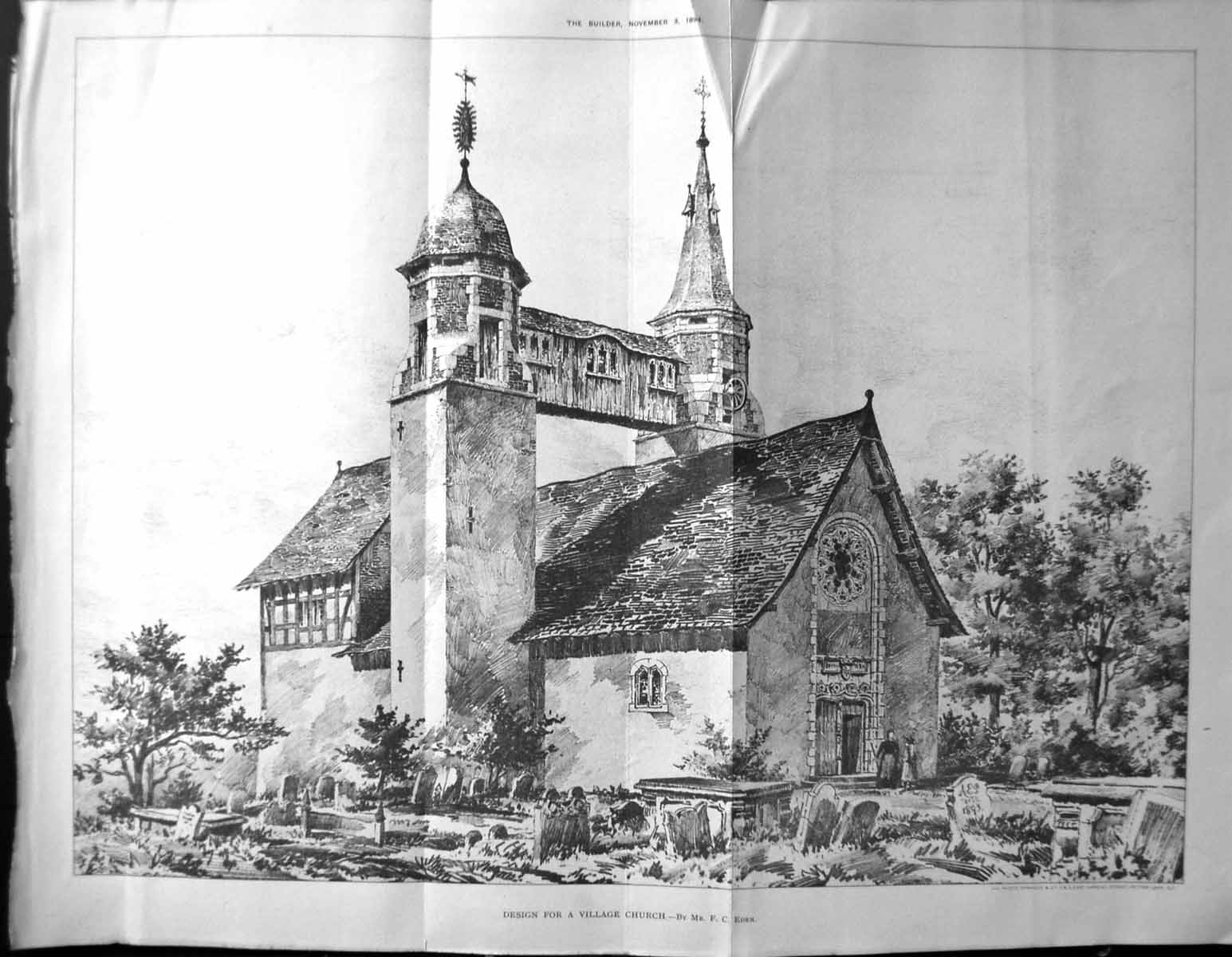 Old Antique Print Builder 1894 Architecture Village Church Design Eden 19th