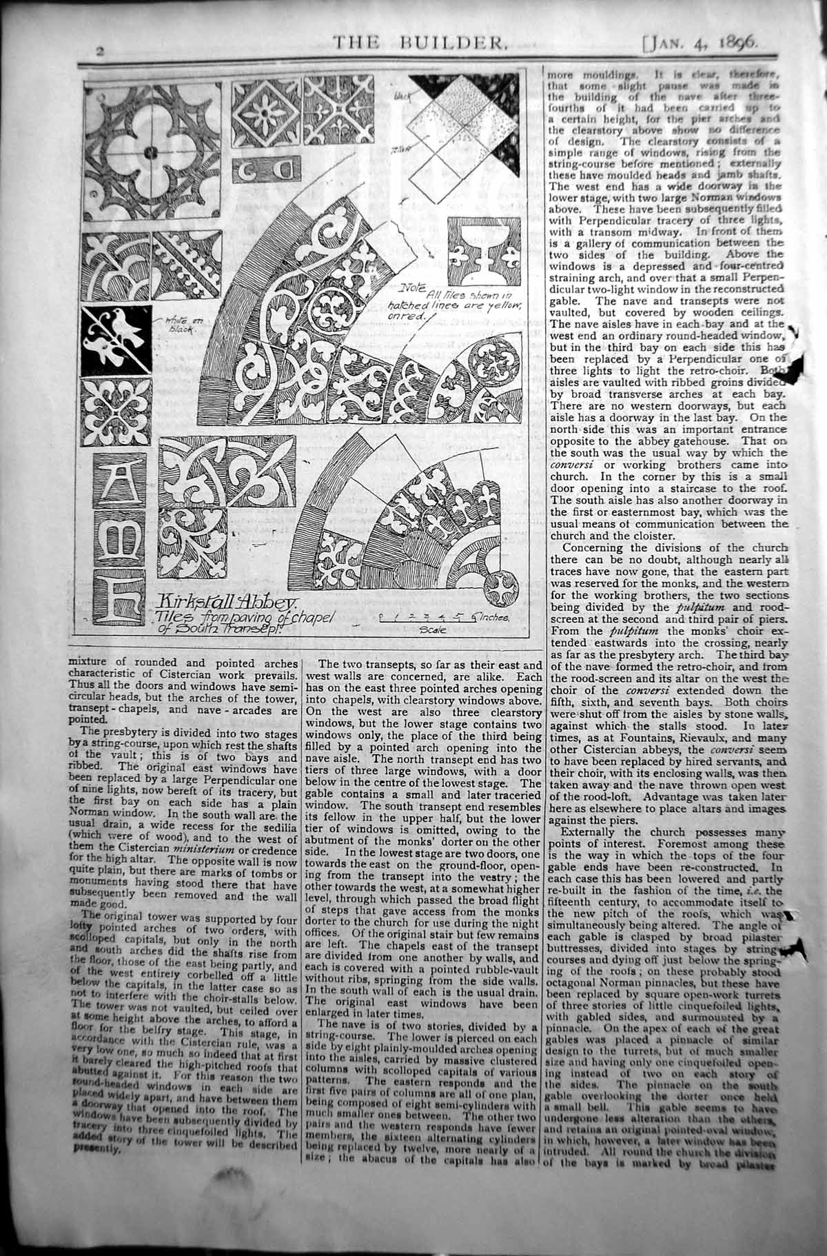Antique Print Builder 1896 Architecture Kirkstall Abbey Tiles Paving Chapel