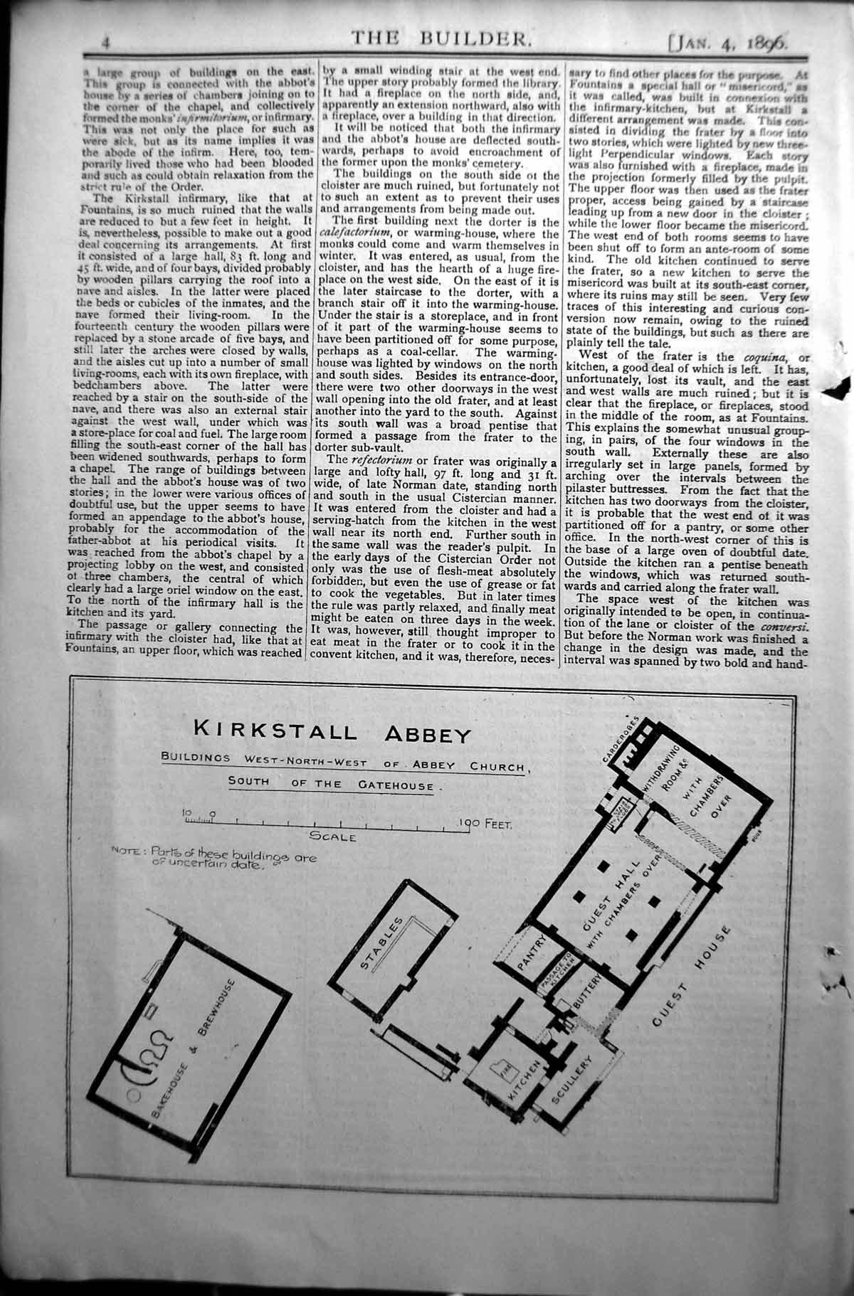 Old Print Builder 1896 Architecture Plan Kirkstall Abbey Church Gatehouse 19th