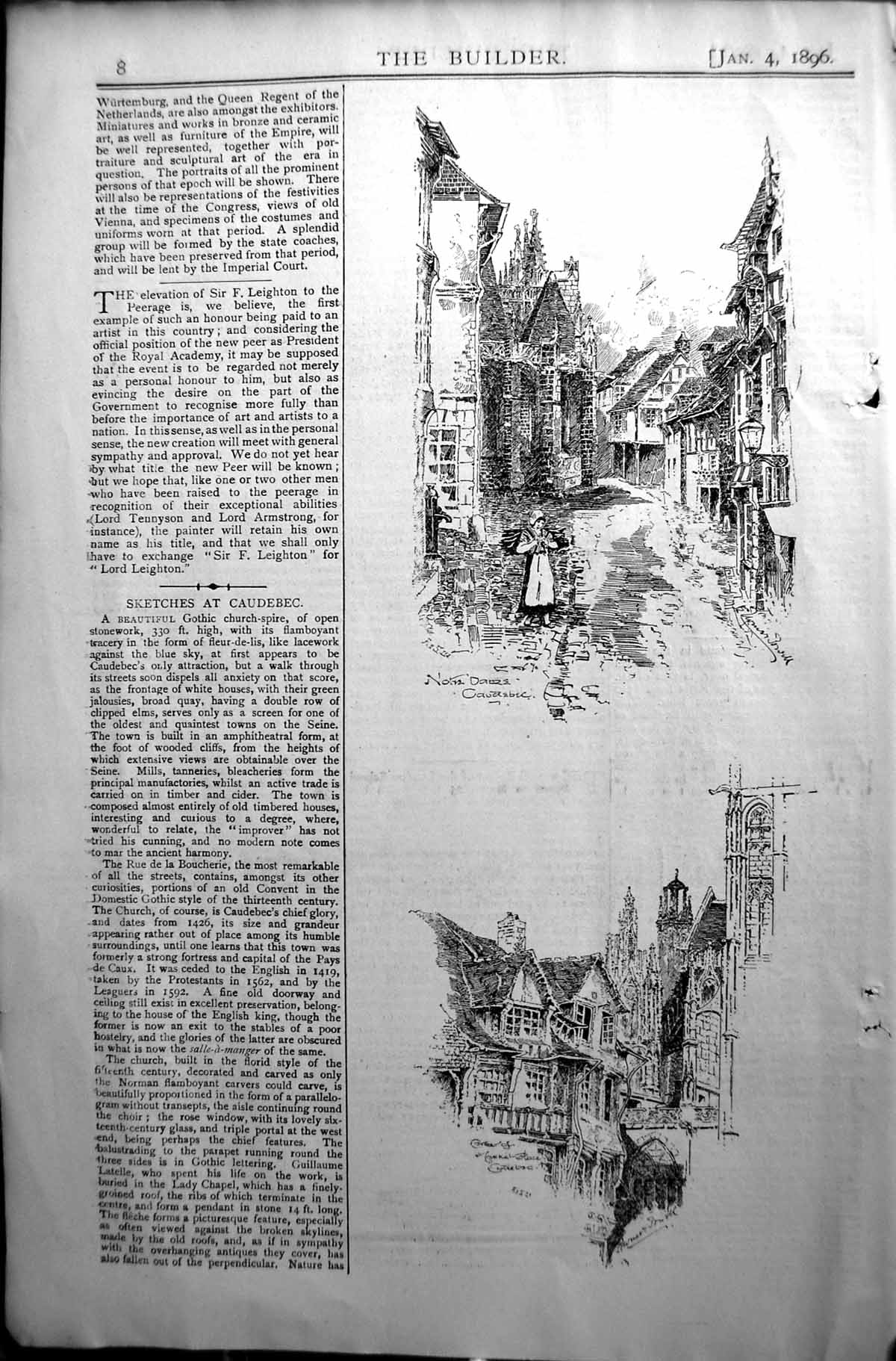 Antique Old Print Builder 1896 Architecture Notre Dame Caudebec Market Place