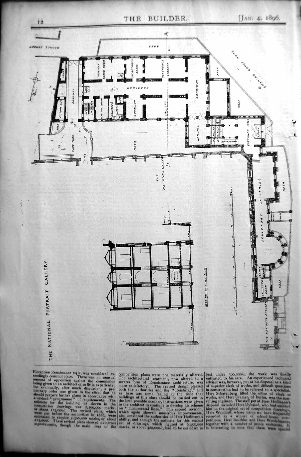 Antique Old Print Builder 1896 Architecture Plan National Portrait Gallery 19th
