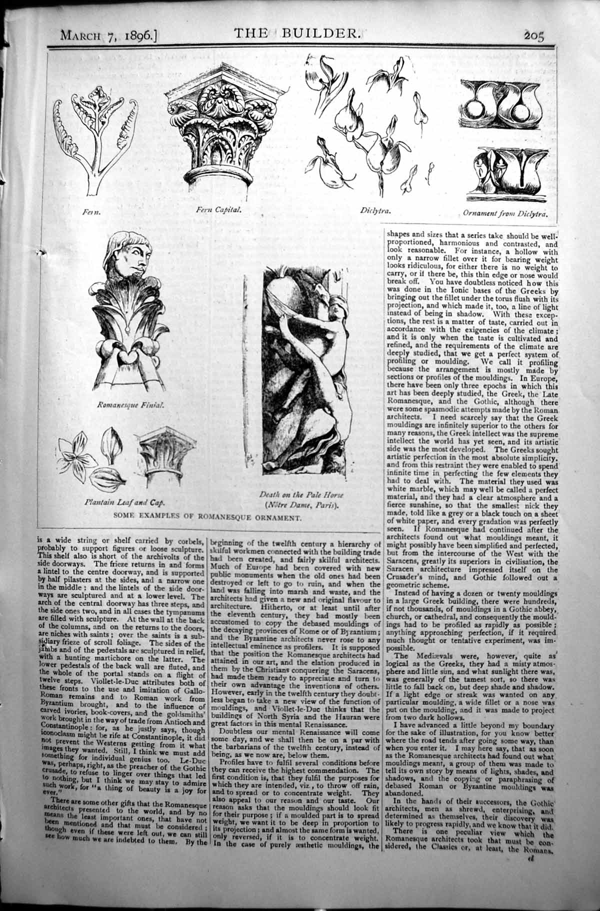 Old Builder 1896 Romanesque Ornament Fern Capital Death Pale Horse No Victorian