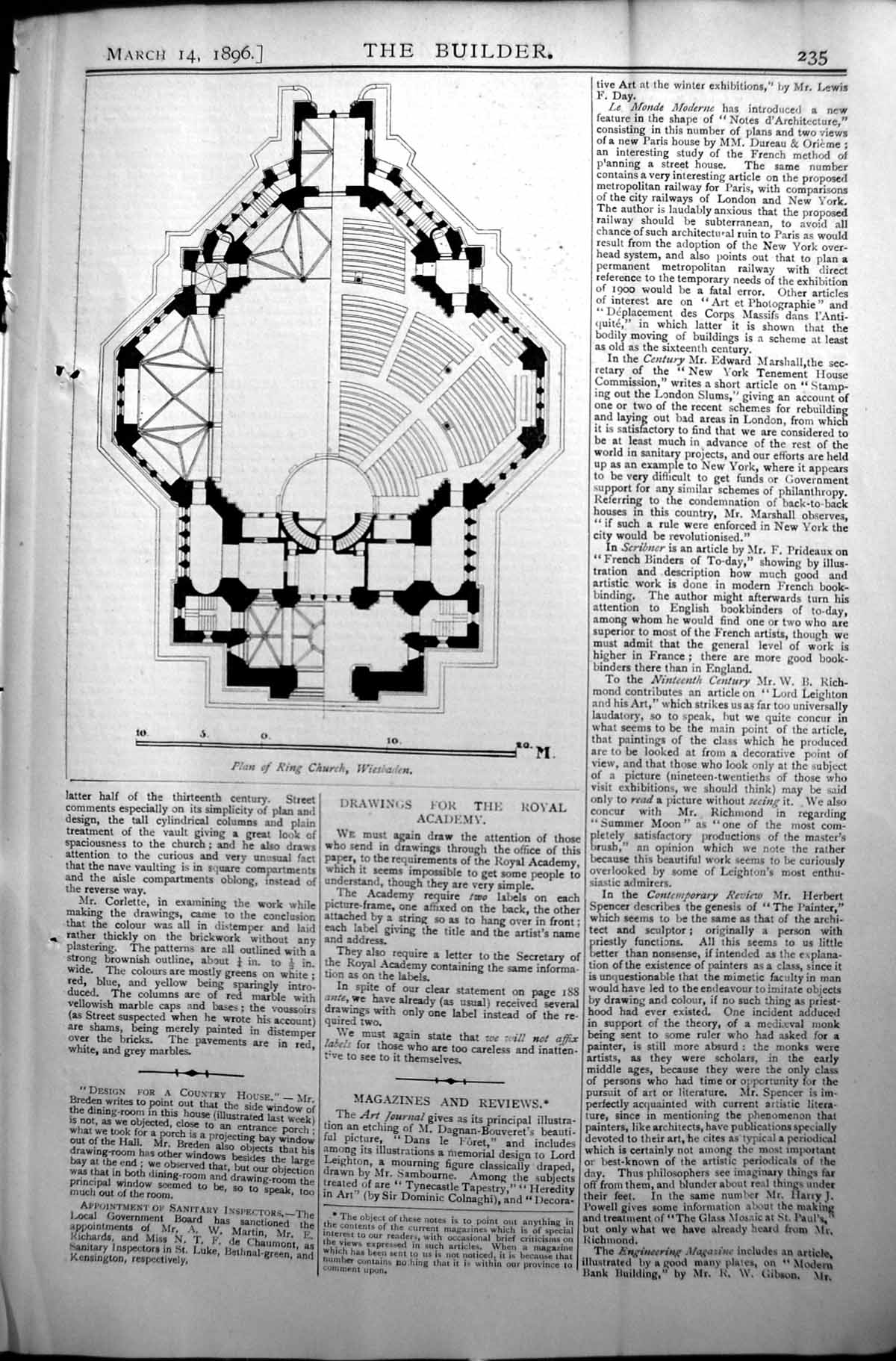 Original Old Antique Print Plan Ring Church Wiesbaden Builder 1896 Architecture