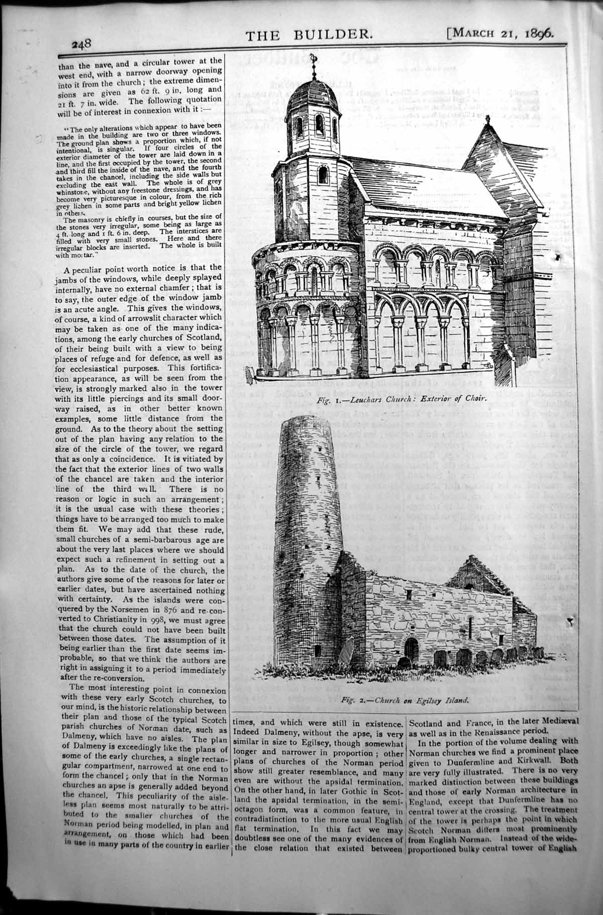 Antique Old Print Leuchars Church Egilsey Island Builder 1896 Architecture 19th