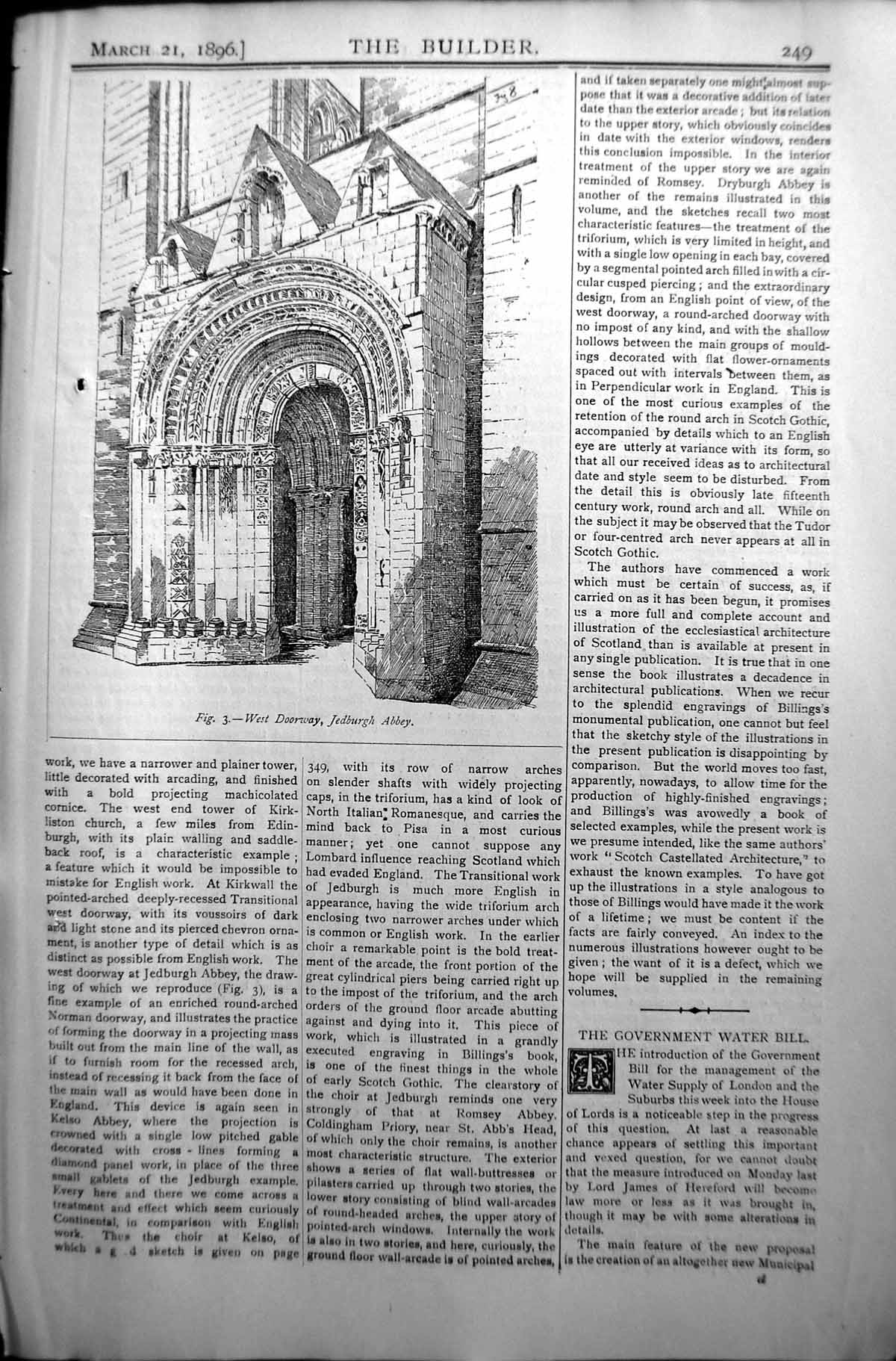 Old Antique Print West Doorway Jedburgh Abbey Builder 1896 Architecture 19th