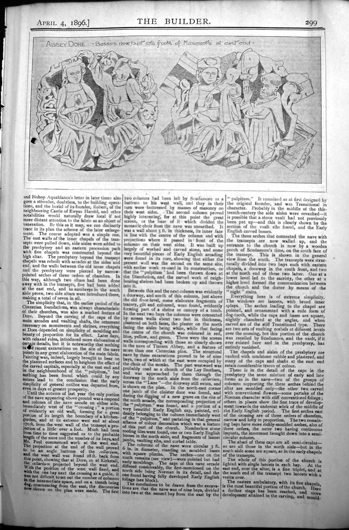 Original Old Antique Print Builder 1896 Sculpture Abbey Dore Bosses Monuments