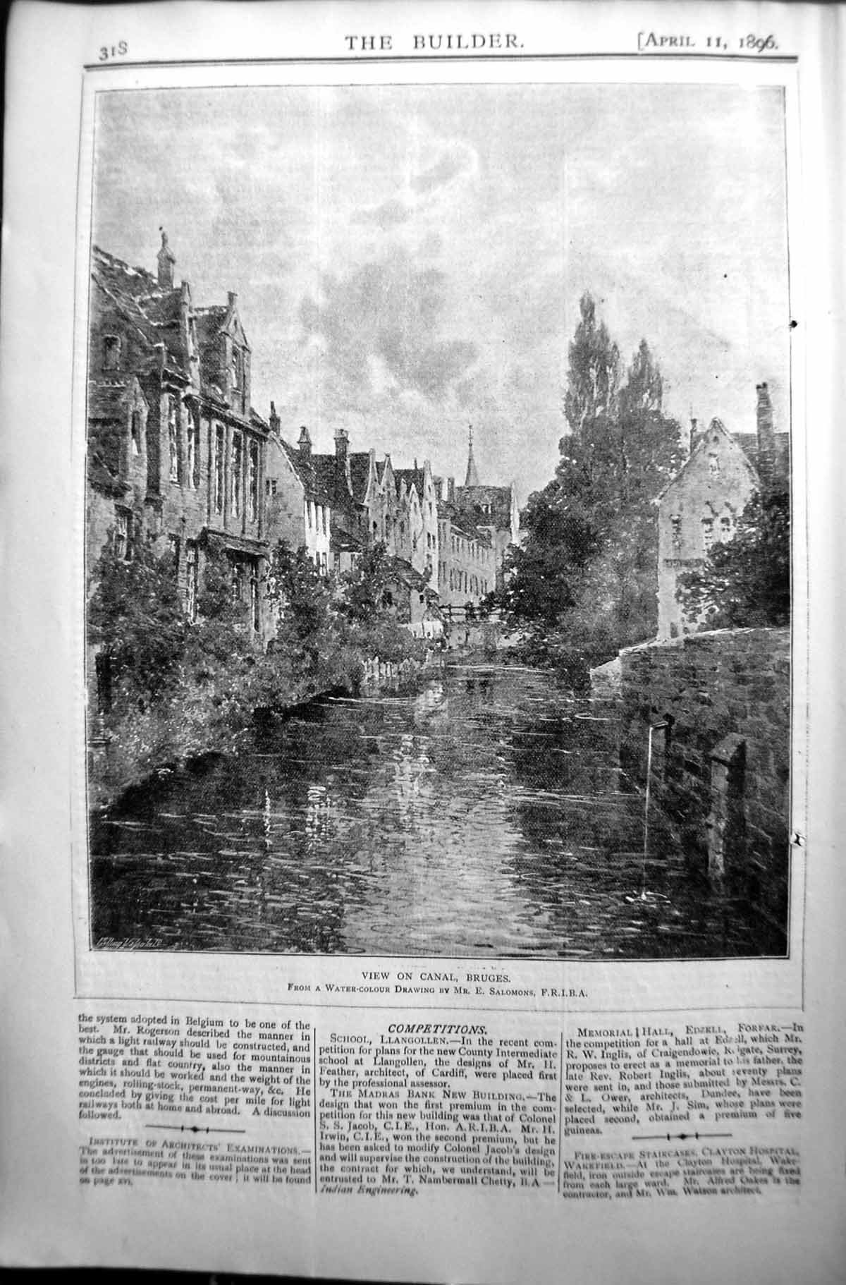 Original Old Antique Print Builder 1896 Architecture View Canal Bruges 19th