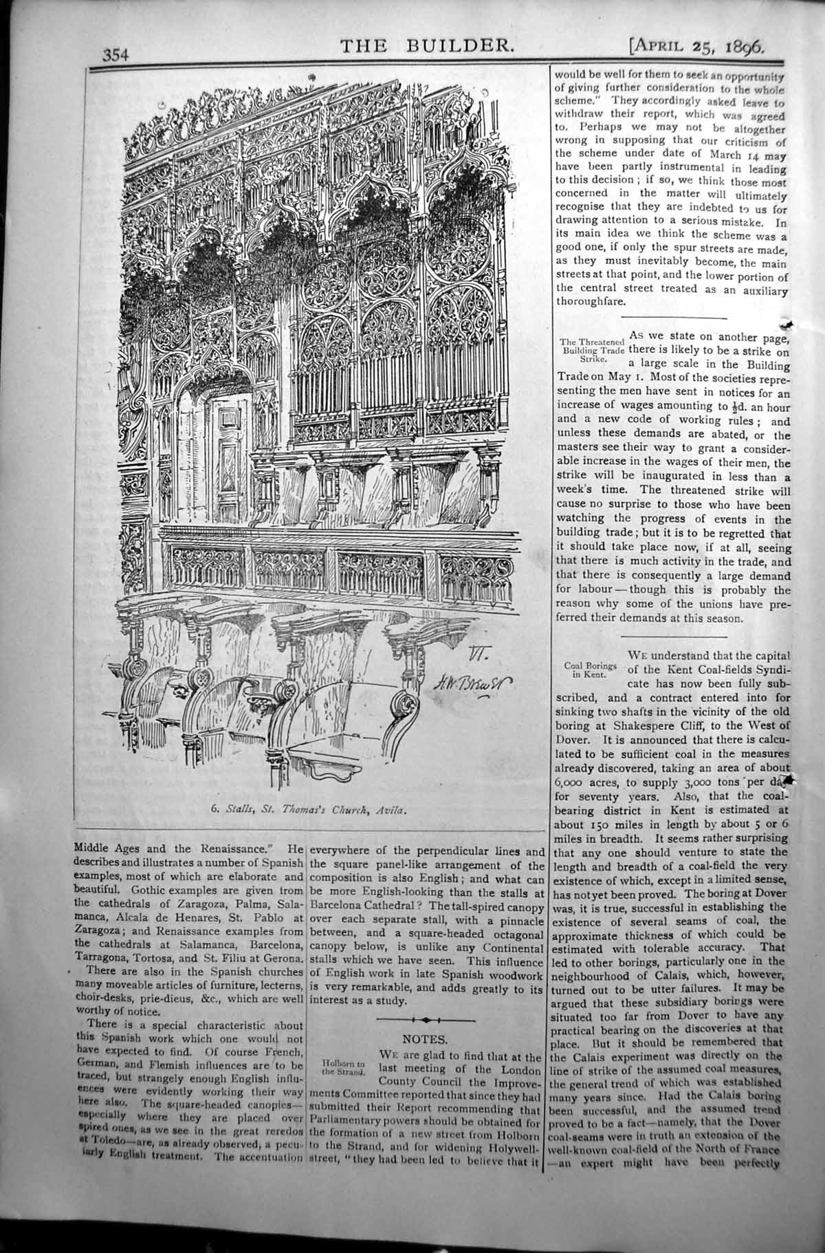 Antique Old Print Builder 1896 Architecture Stalls St. Thomas'S Church Avila