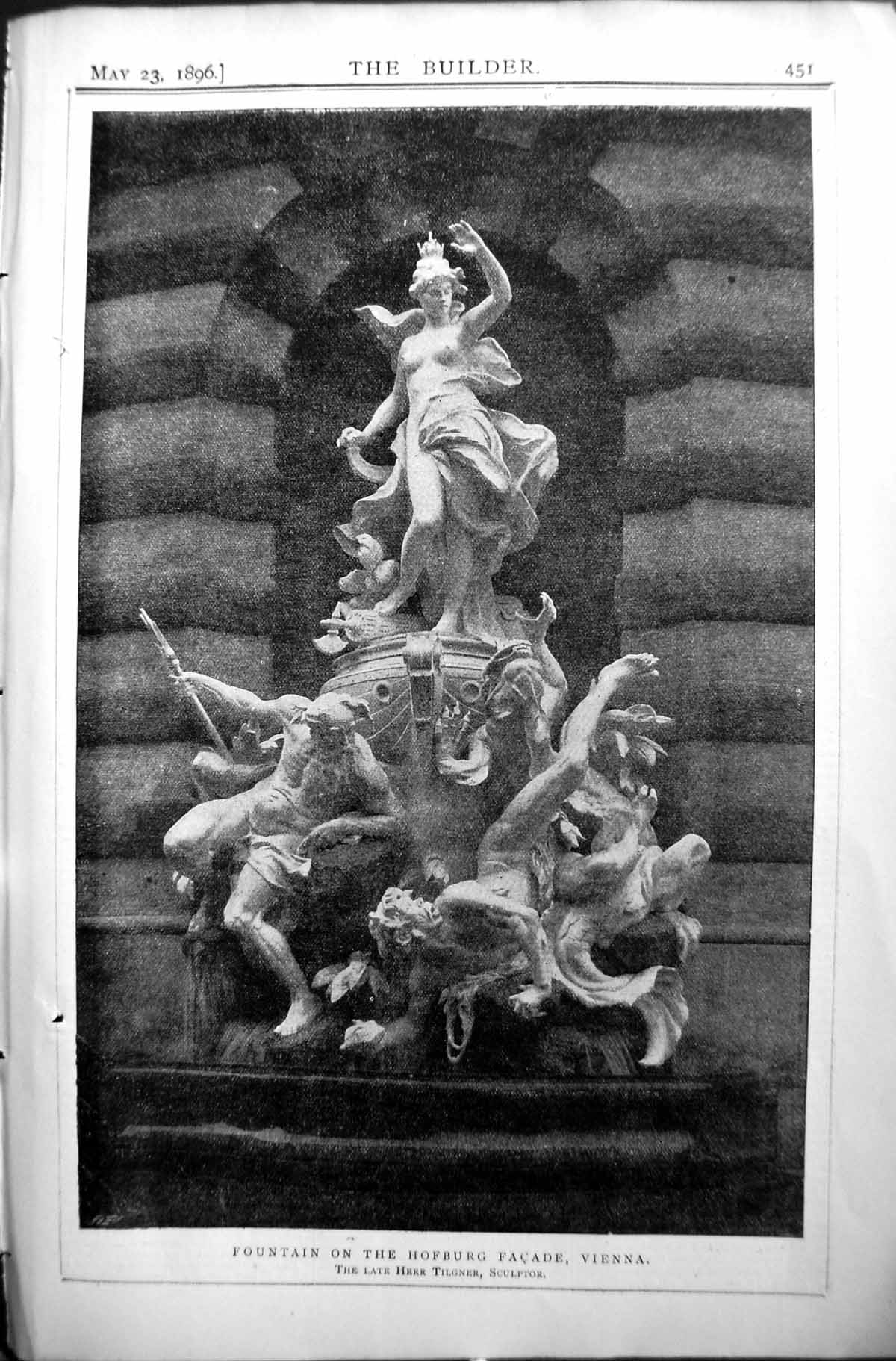 Old Antique Print Builder 1896 Sculpture Fountain Hofburg Faáade Vienna 19th