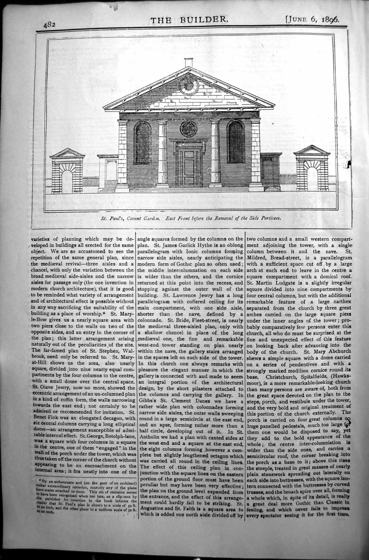 Original Old Antique Print St. Paul'S Covent Garden Builder 1896 Architecture