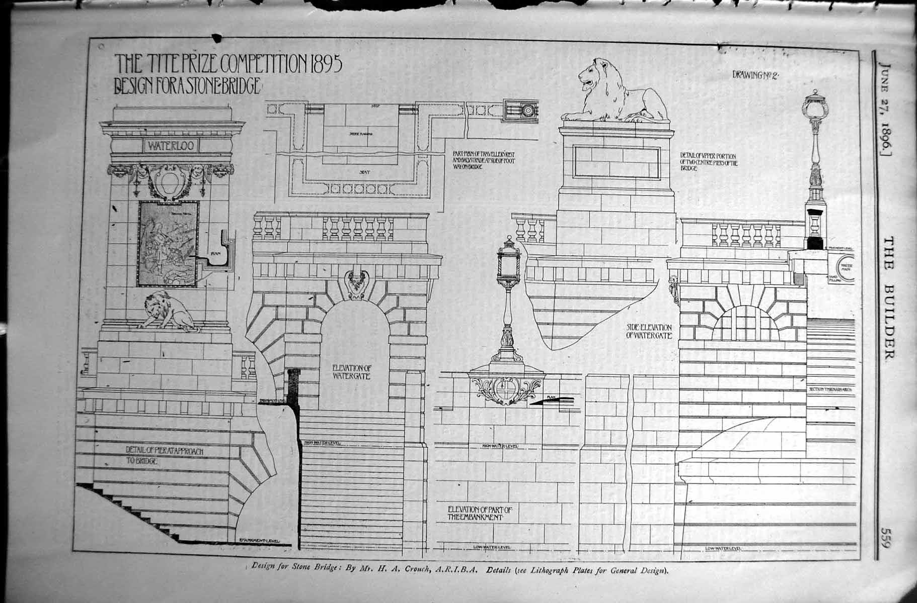Old Print Builder 1896 Architecture Design Stone Bridge Crouch Watergate 19th
